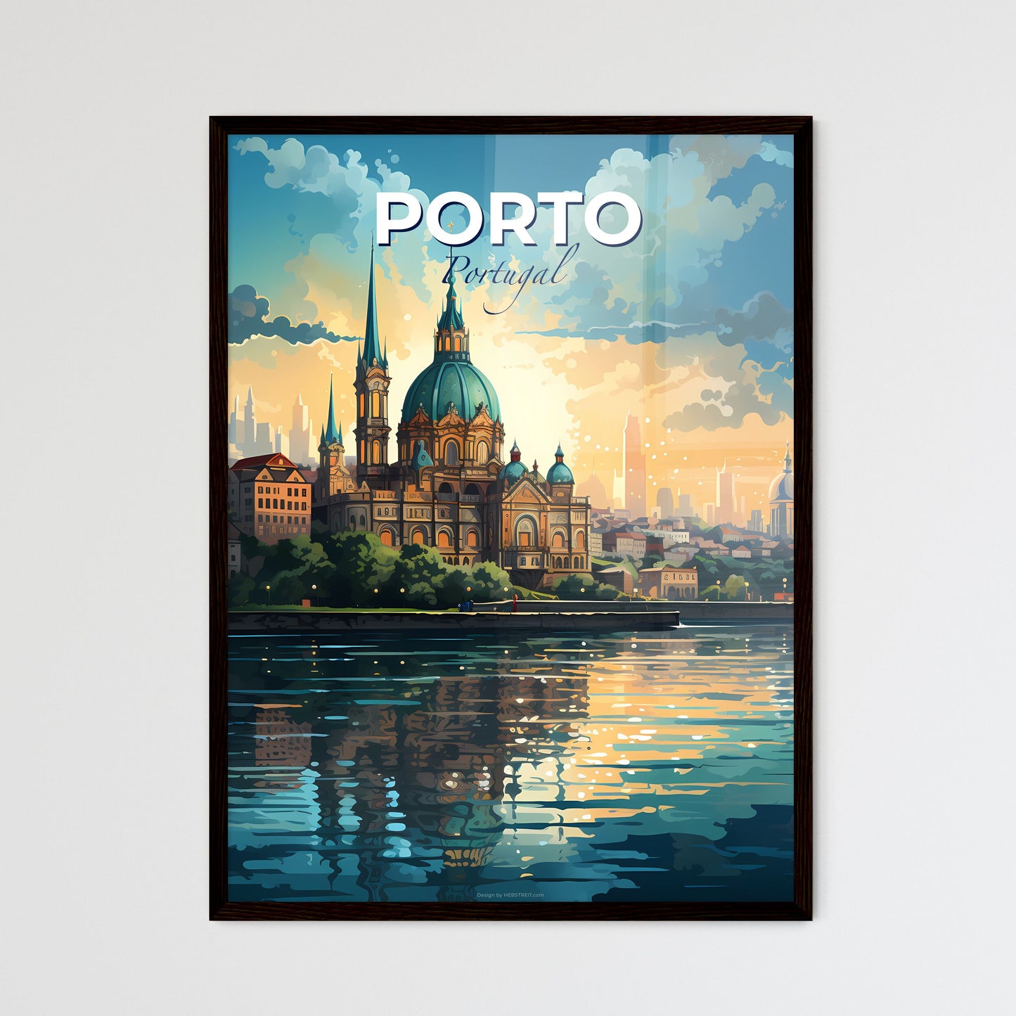 Porto, Portugal, A Poster of a building with towers and a city in the background Default Title