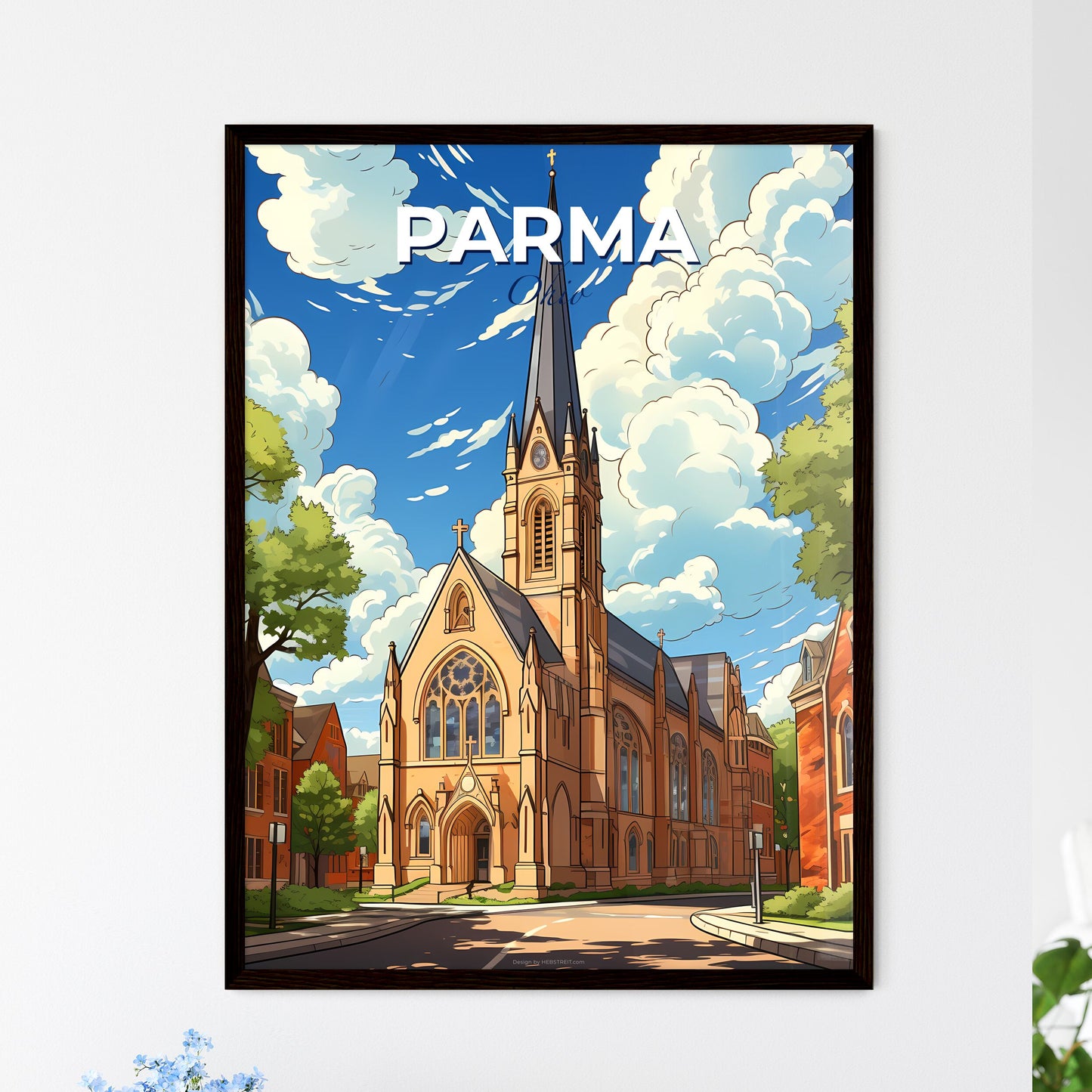 Parma, Ohio, A Poster of a church with a steeple and trees Default Title