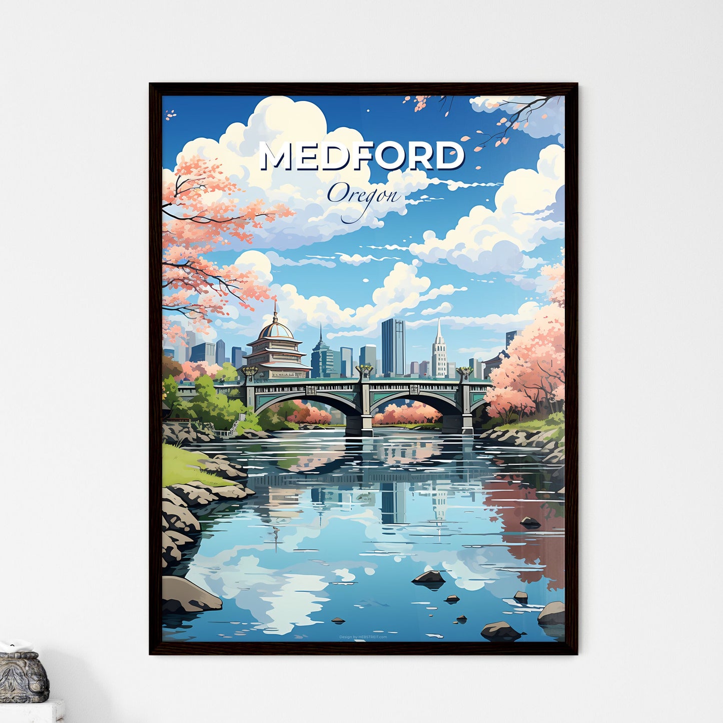 Medford, Oregon, A Poster of a bridge over a river with pink trees and a city in the background Default Title