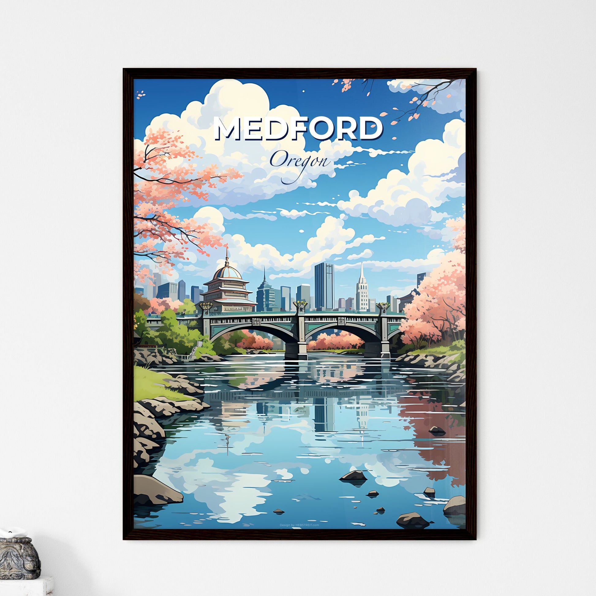 Medford, Oregon, A Poster of a bridge over a river with pink trees and a city in the background Default Title