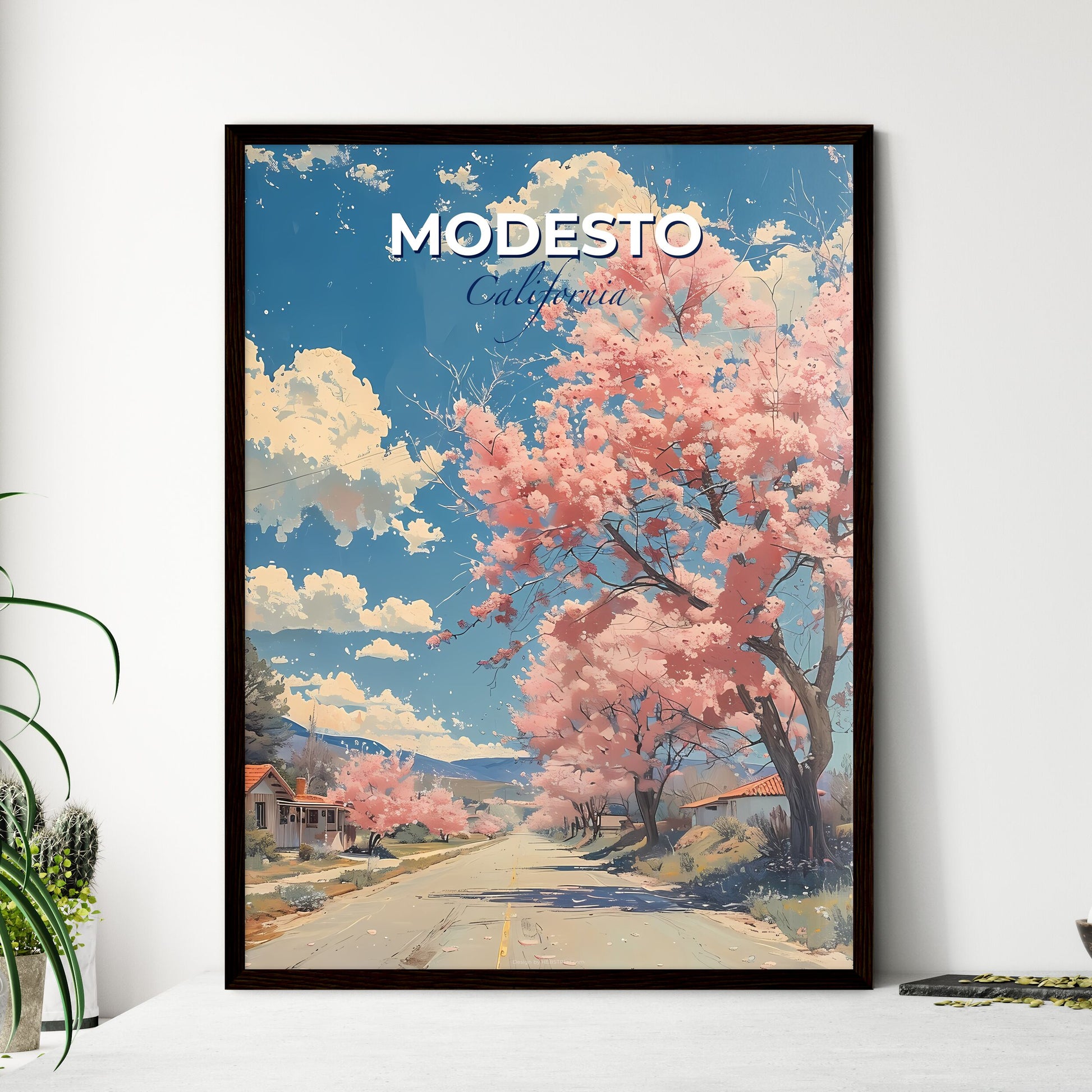 Modesto, California, A Poster of a road with pink flowers on trees Default Title