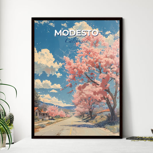 Modesto, California, A Poster of a road with pink flowers on trees Default Title