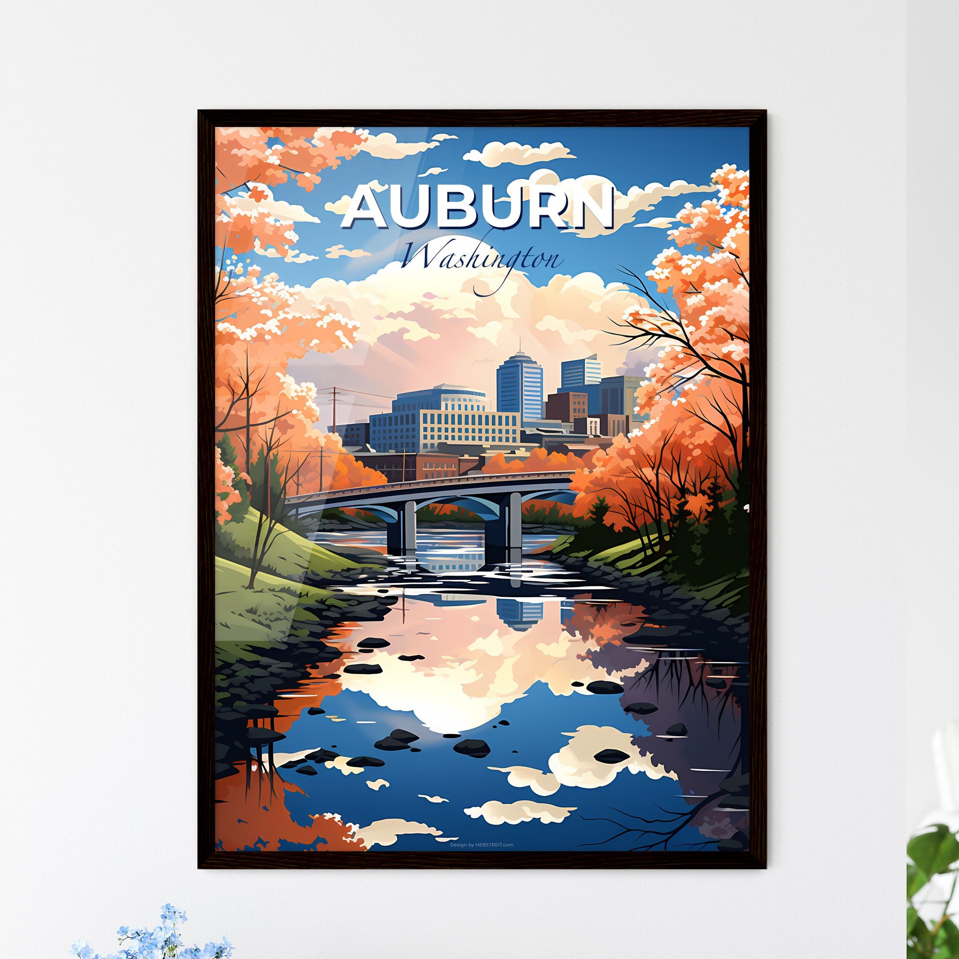 Auburn, Washington, A Poster of a bridge over a river with orange trees and buildings Default Title
