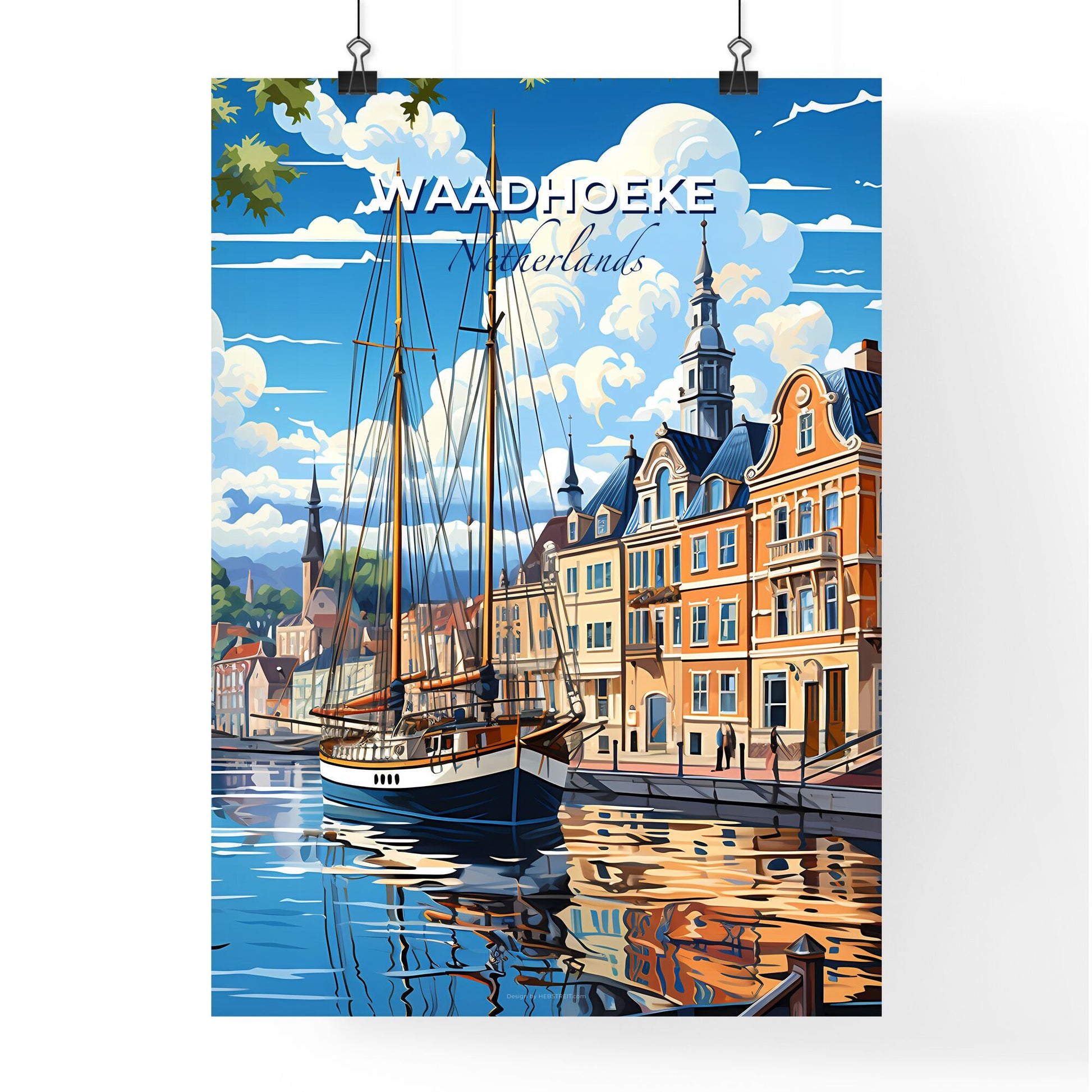 Waadhoeke, Netherlands, A Poster of a sailboat on a river with buildings in the background Default Title