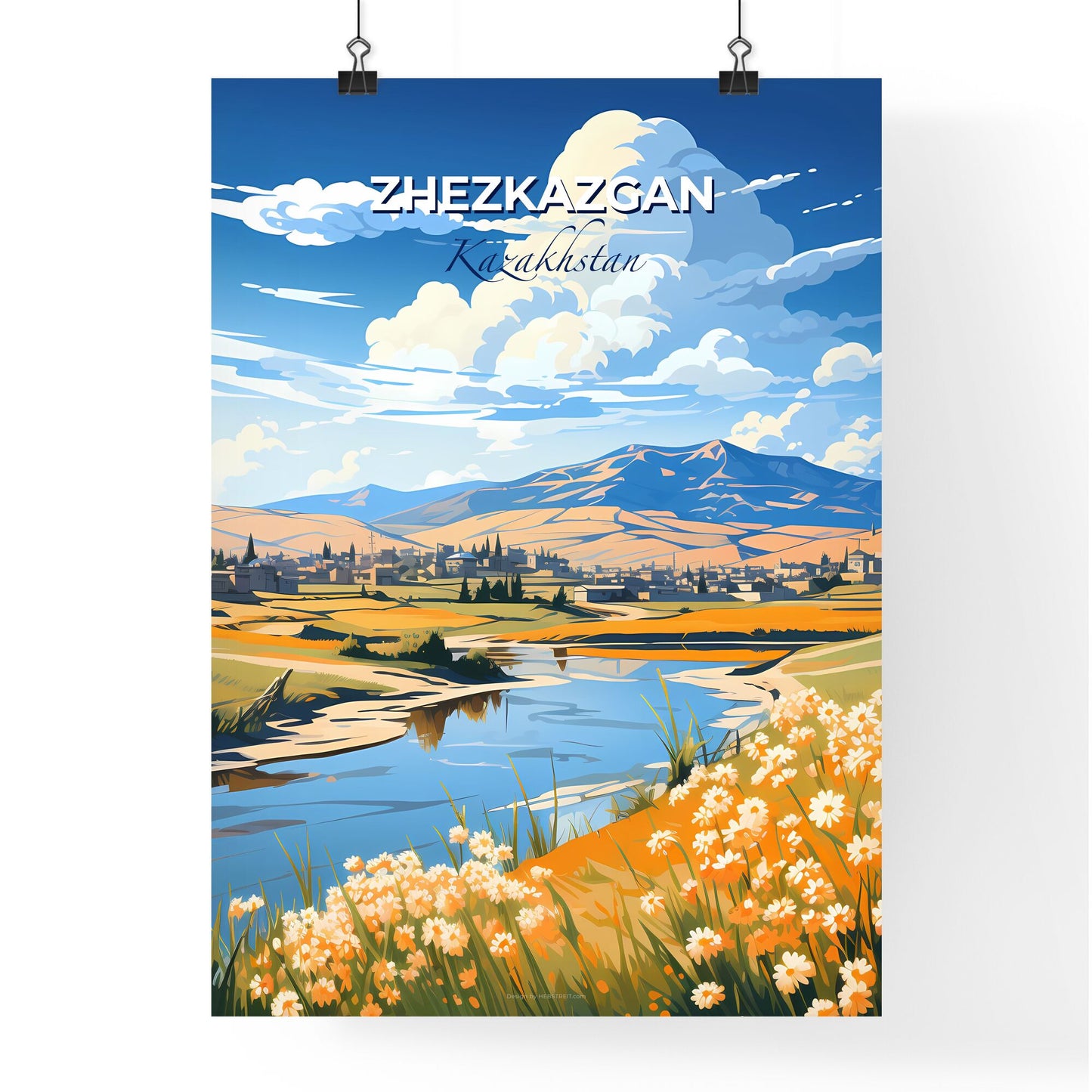 Zhezkazgan, Kazakhstan, A Poster of a river running through a valley with flowers and mountains in the background Default Title