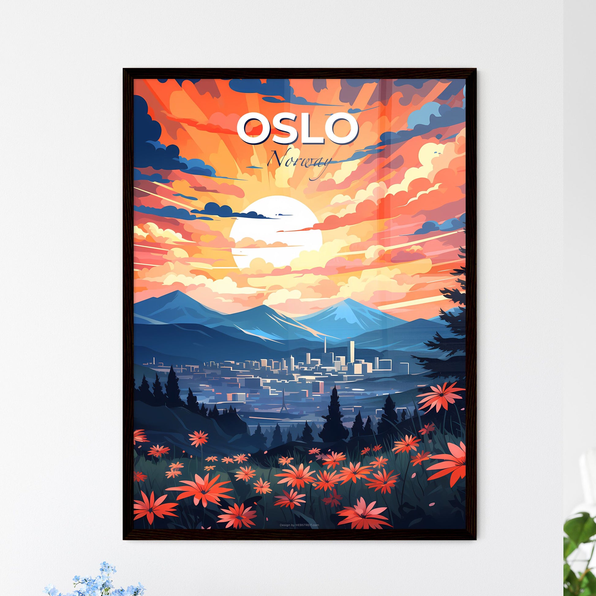 Oslo, Norway, A Poster of a landscape with flowers and mountains Default Title