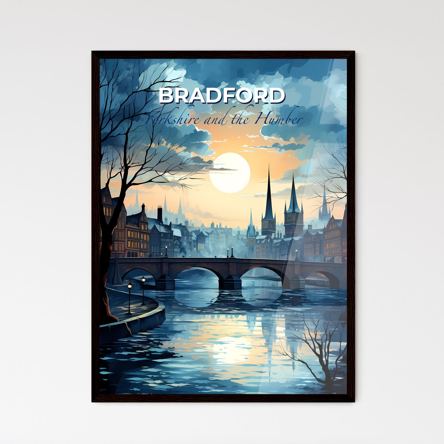 Bradford, Yorkshire and the Humber, A Poster of a bridge over a river with trees and buildings in the background Default Title