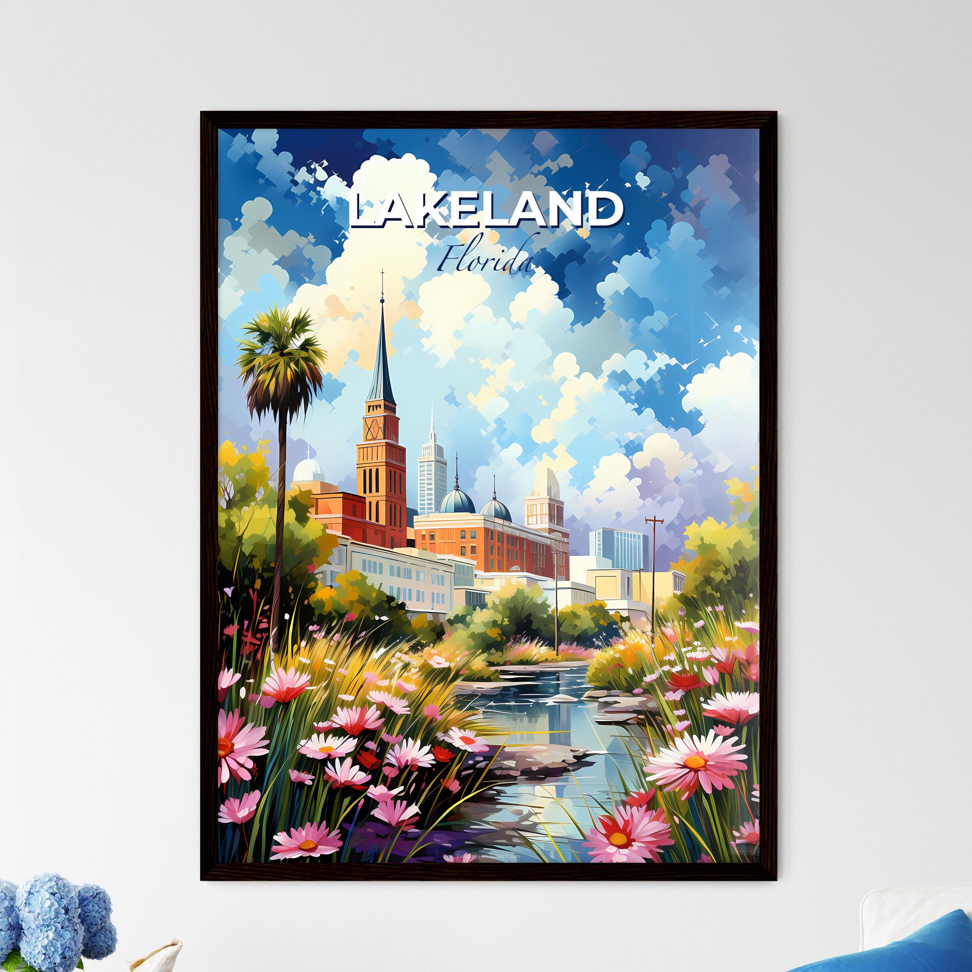 Lakeland, Florida, A Poster of a painting of a city with a river and flowers Default Title