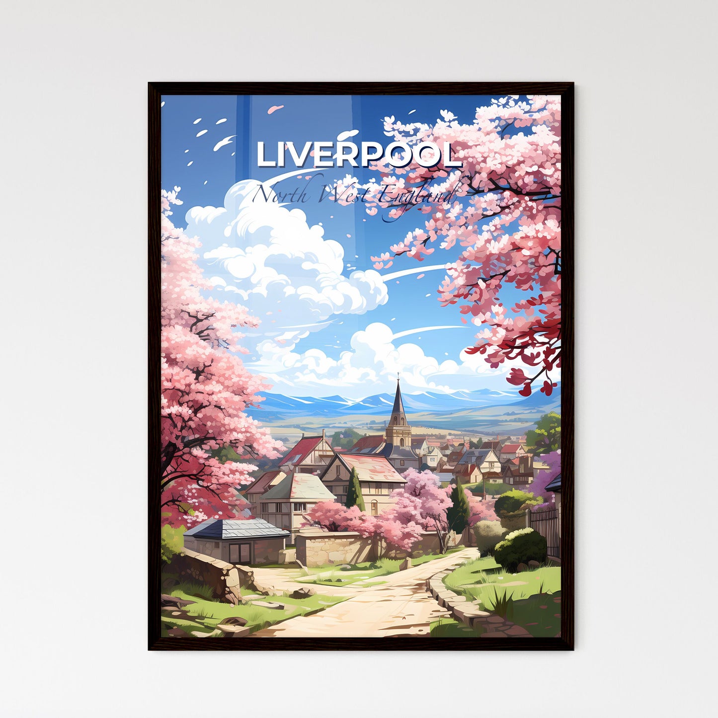 Liverpool, North West England, A Poster of a landscape of a town with pink trees and buildings Default Title