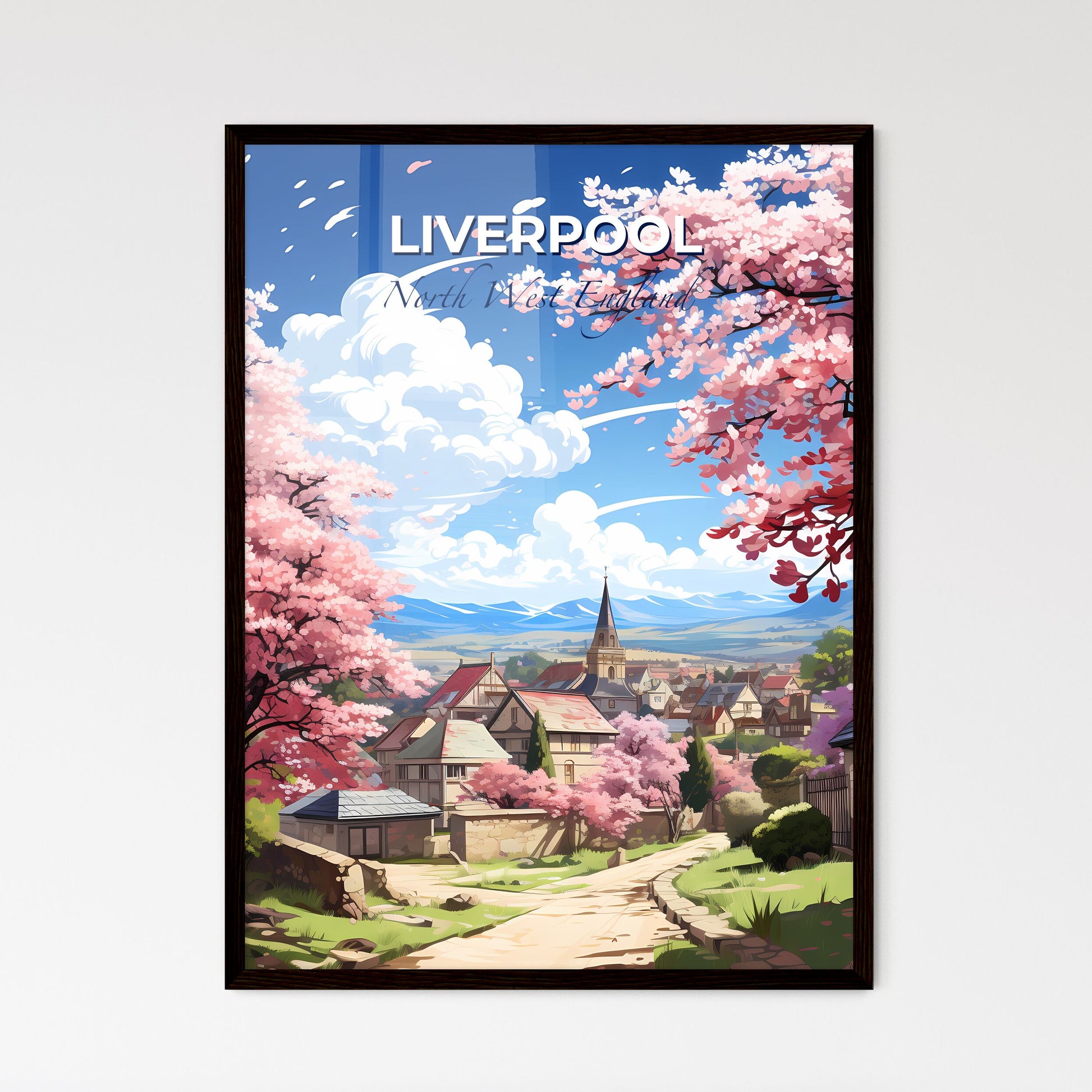 Liverpool, North West England, A Poster of a landscape of a town with pink trees and buildings Default Title