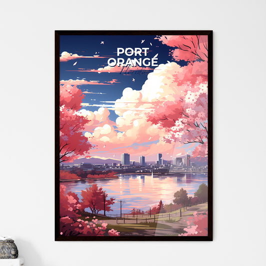 Port Orange, Florida, A Poster of a pink trees with pink flowers and a city in the background Default Title