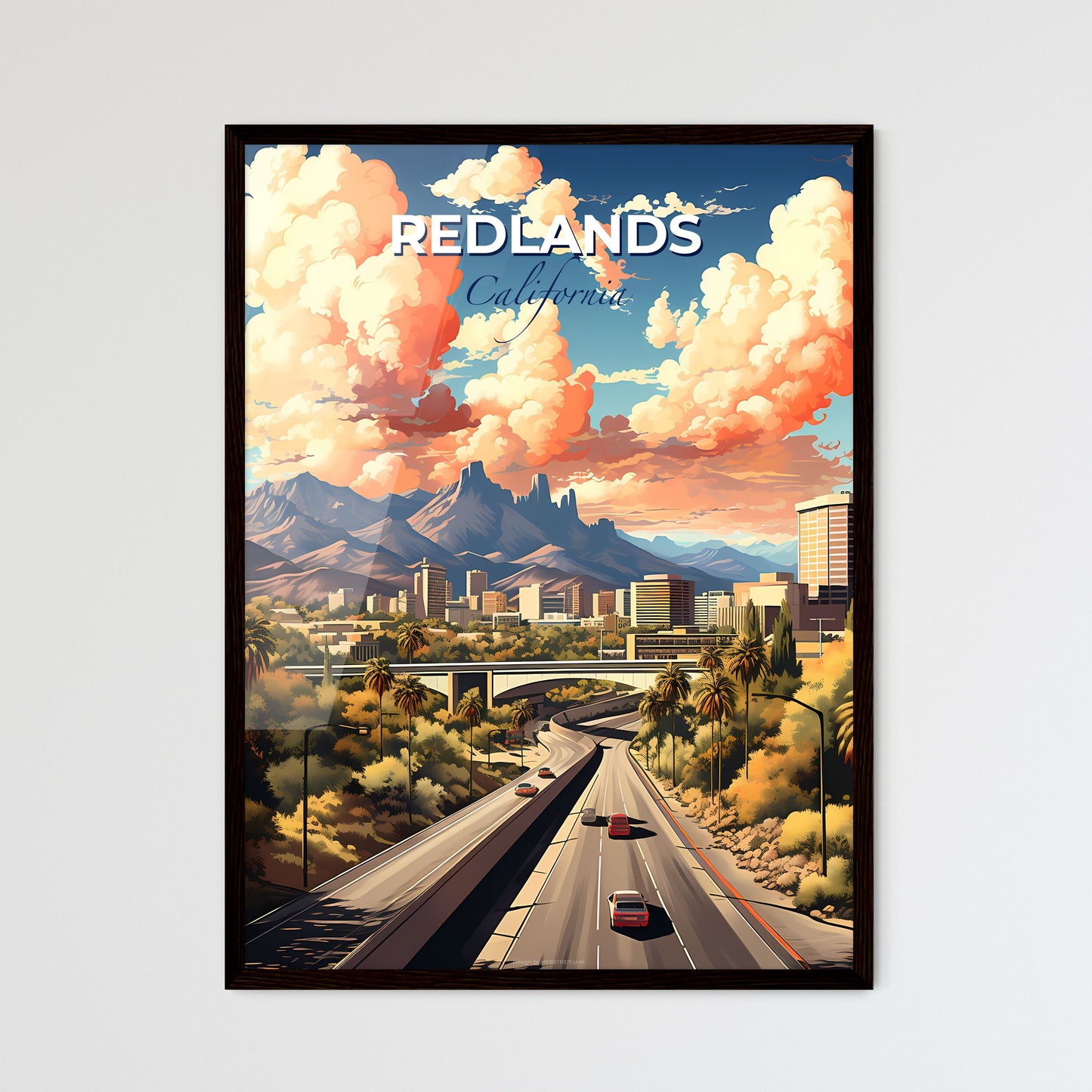 Redlands, California, A Poster of a road with cars and trees and mountains in the background Default Title