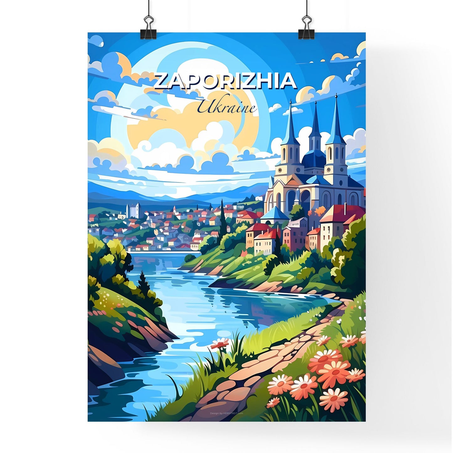 Zaporizhia, Ukraine, A Poster of a river with a castle and flowers Default Title