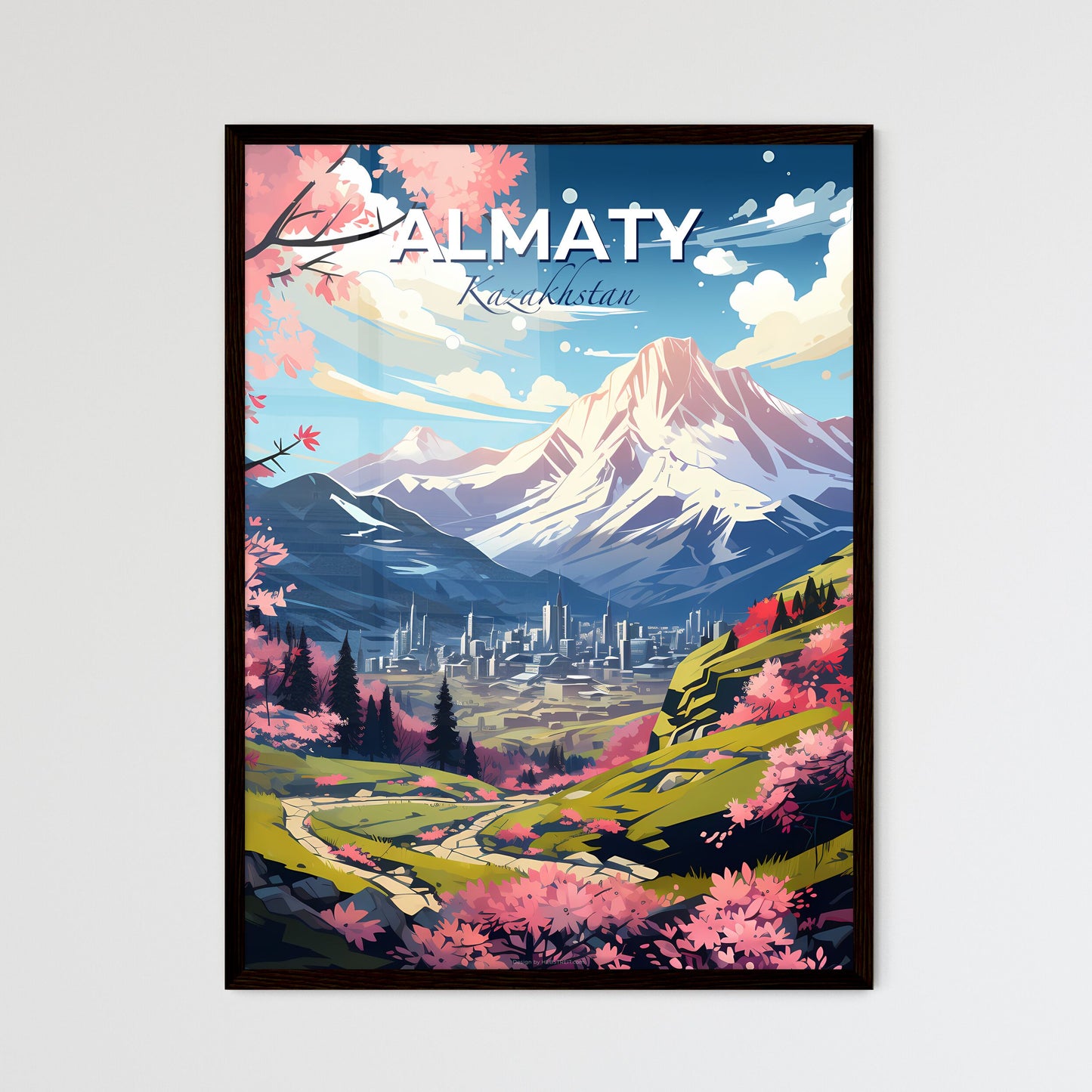 Almaty, Kazakhstan, A Poster of a landscape with a city and mountains Default Title