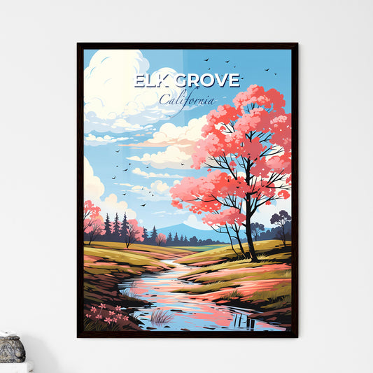 Elk Grove, California, A Poster of a river running through a field with pink trees Default Title