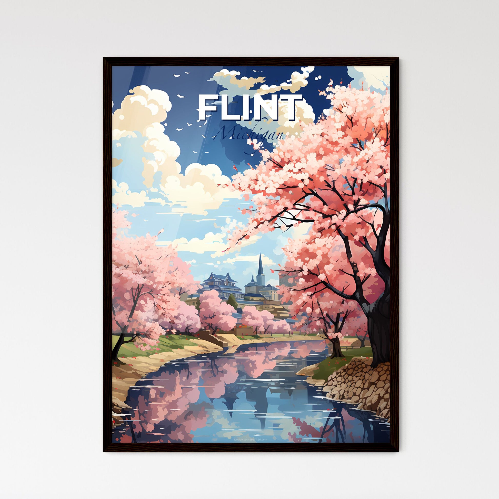 Flint, Michigan, A Poster of a river with pink trees and buildings in the background Default Title