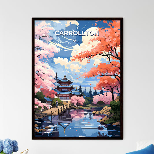 Carrollton, Texas, A Poster of a painting of a pagoda and a river with pink trees Default Title