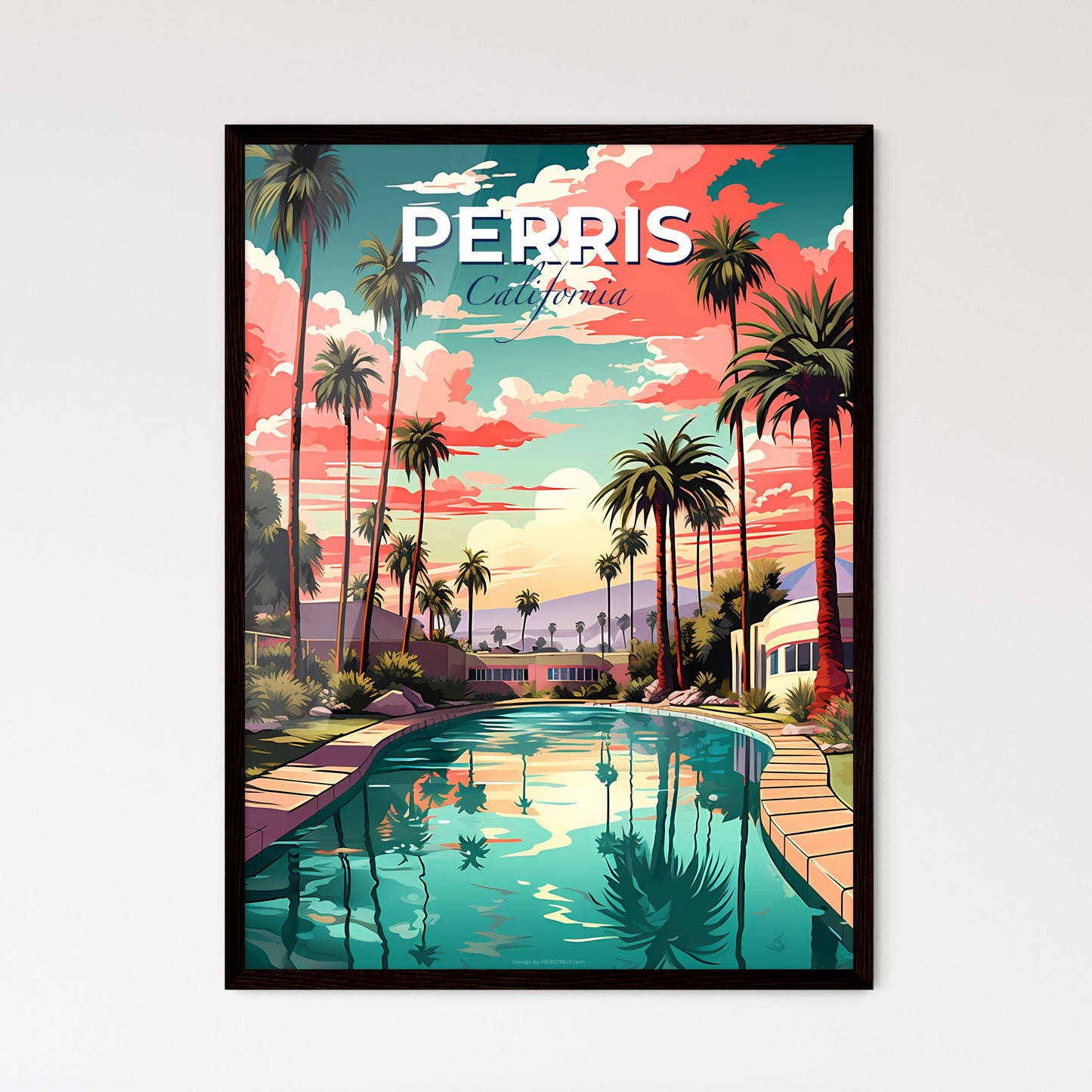 Perris, California, A Poster of a pool with palm trees and buildings Default Title