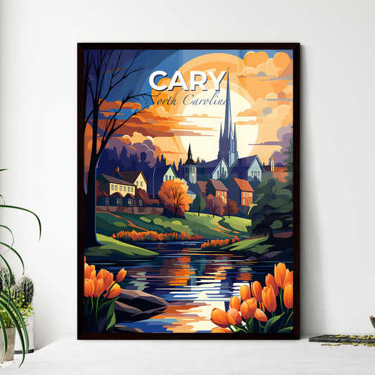 Cary, North Carolina, A Poster of a painting of a town with a river and trees and a church Default Title