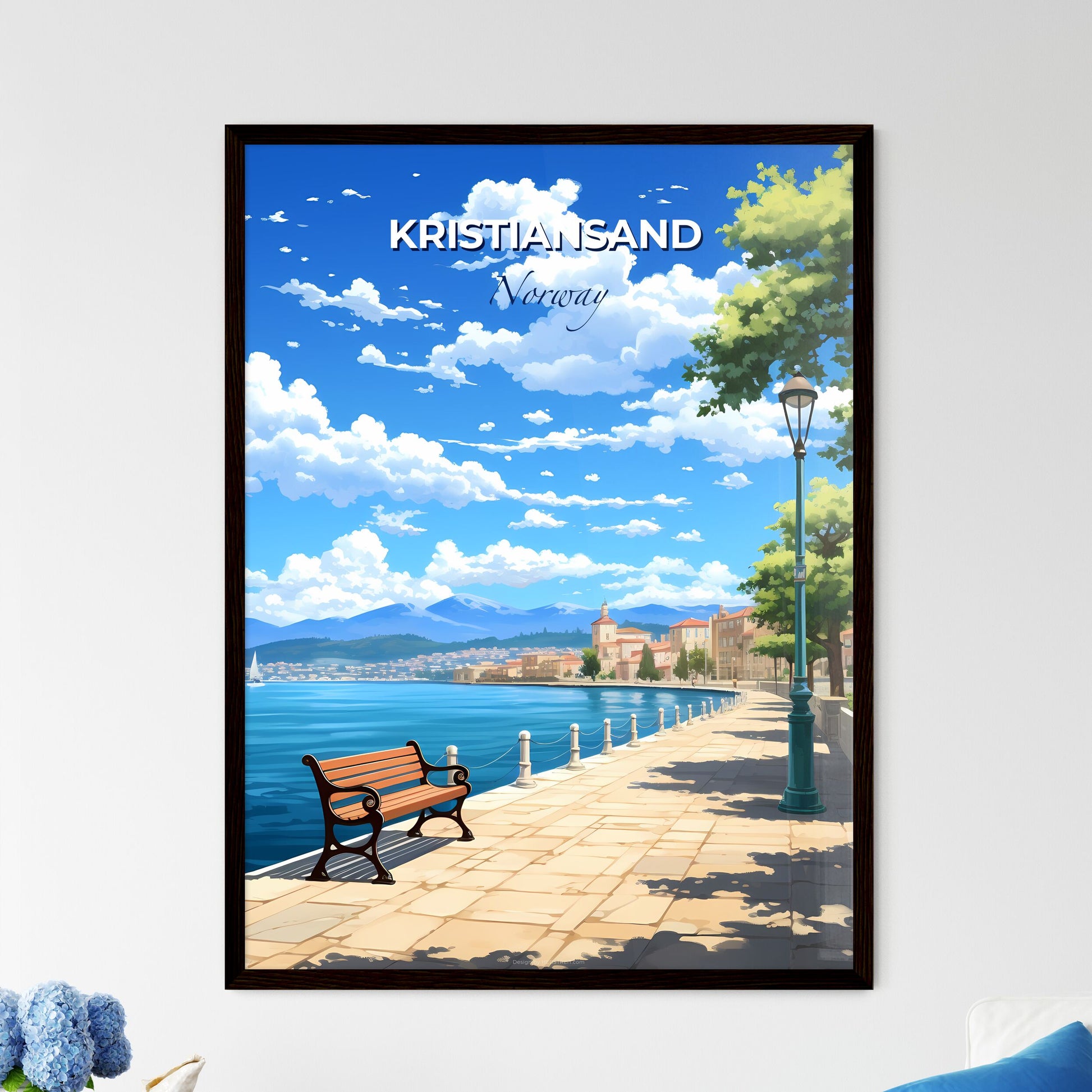 Kristiansand, Norway, A Poster of a bench on a sidewalk next to a body of water Default Title