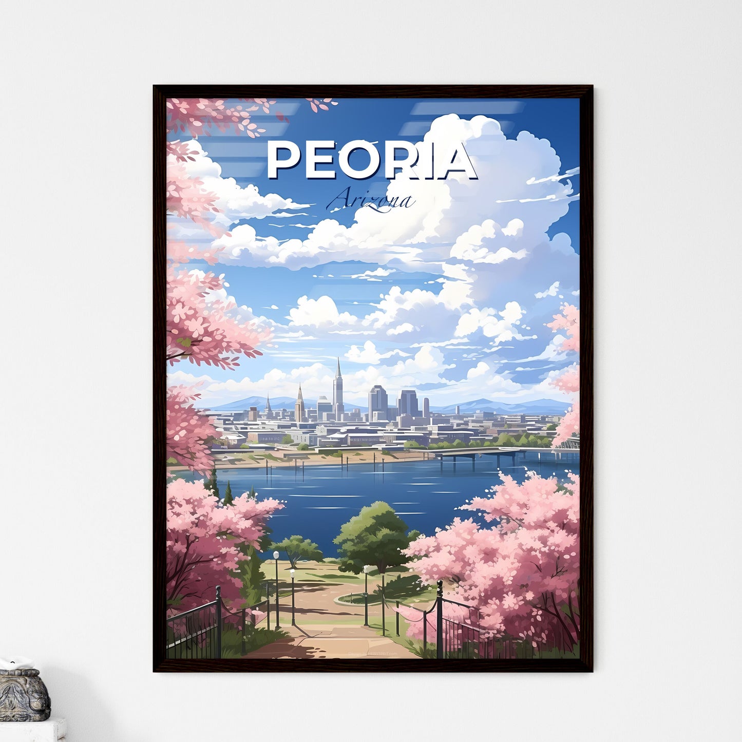 Peoria, Arizona, A Poster of a cityscape with pink blossoms and a body of water Default Title