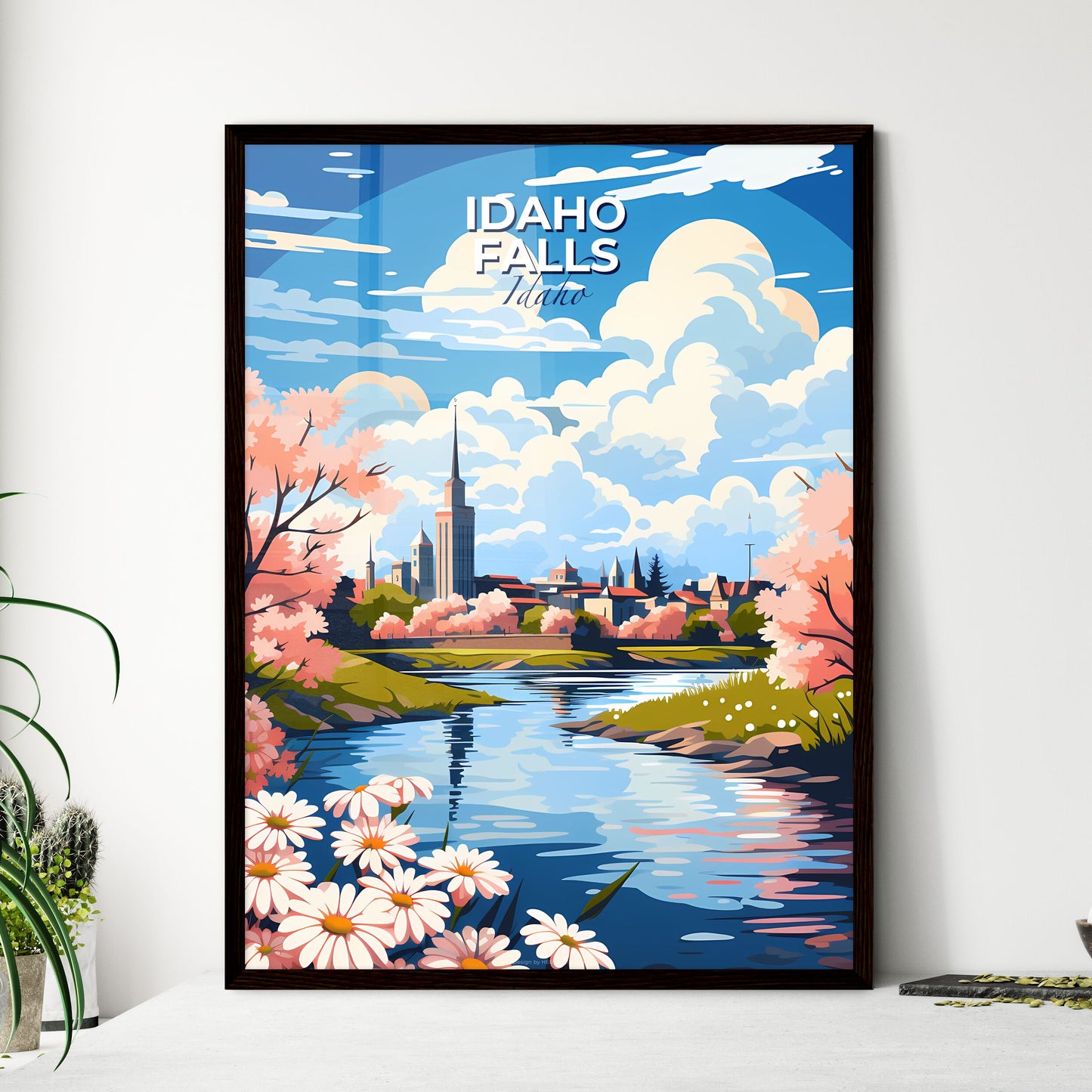 Idaho Falls, Idaho, A Poster of a river with pink flowers and a city in the background Default Title