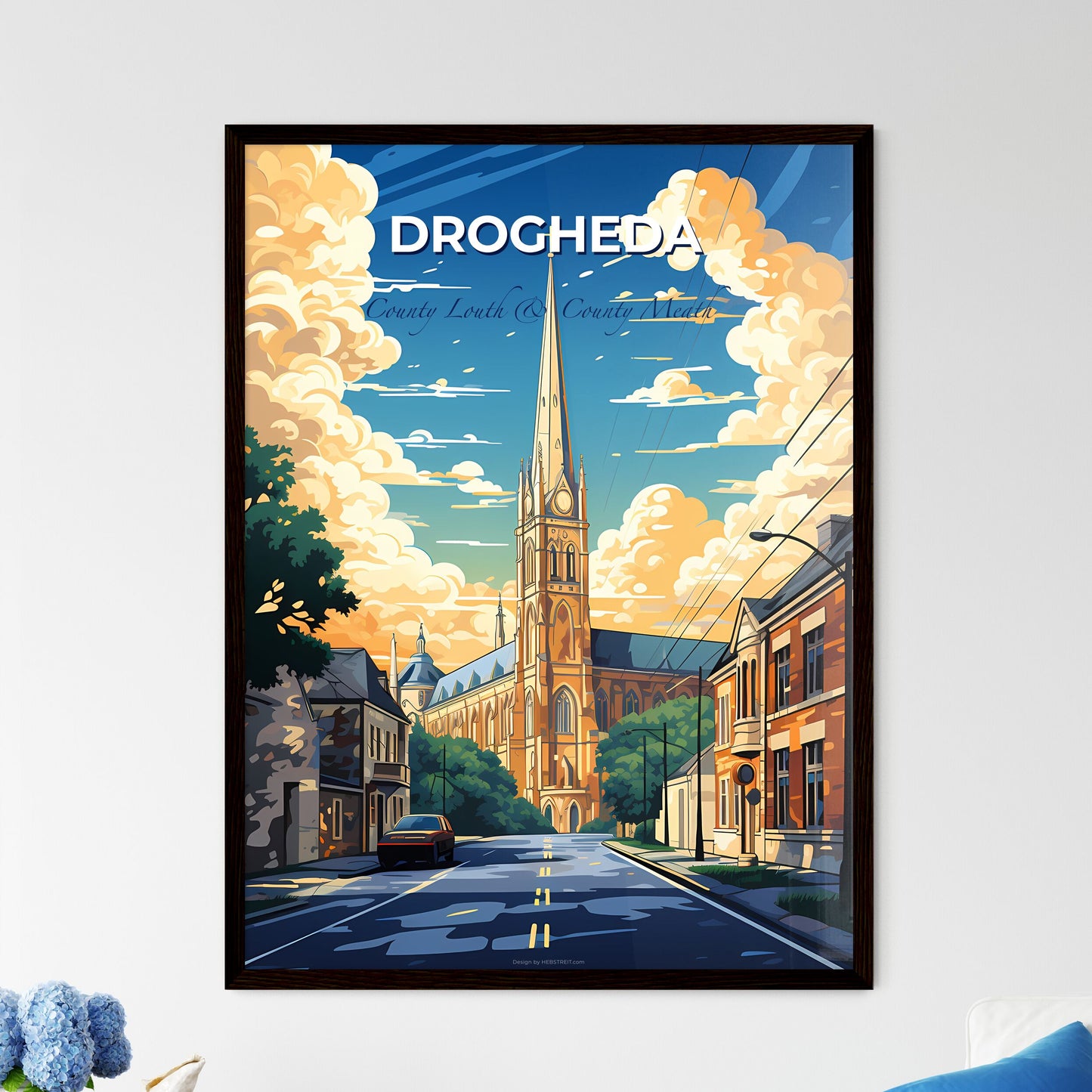 Drogheda, County Louth & County Meath, A Poster of a street with a church and cars Default Title