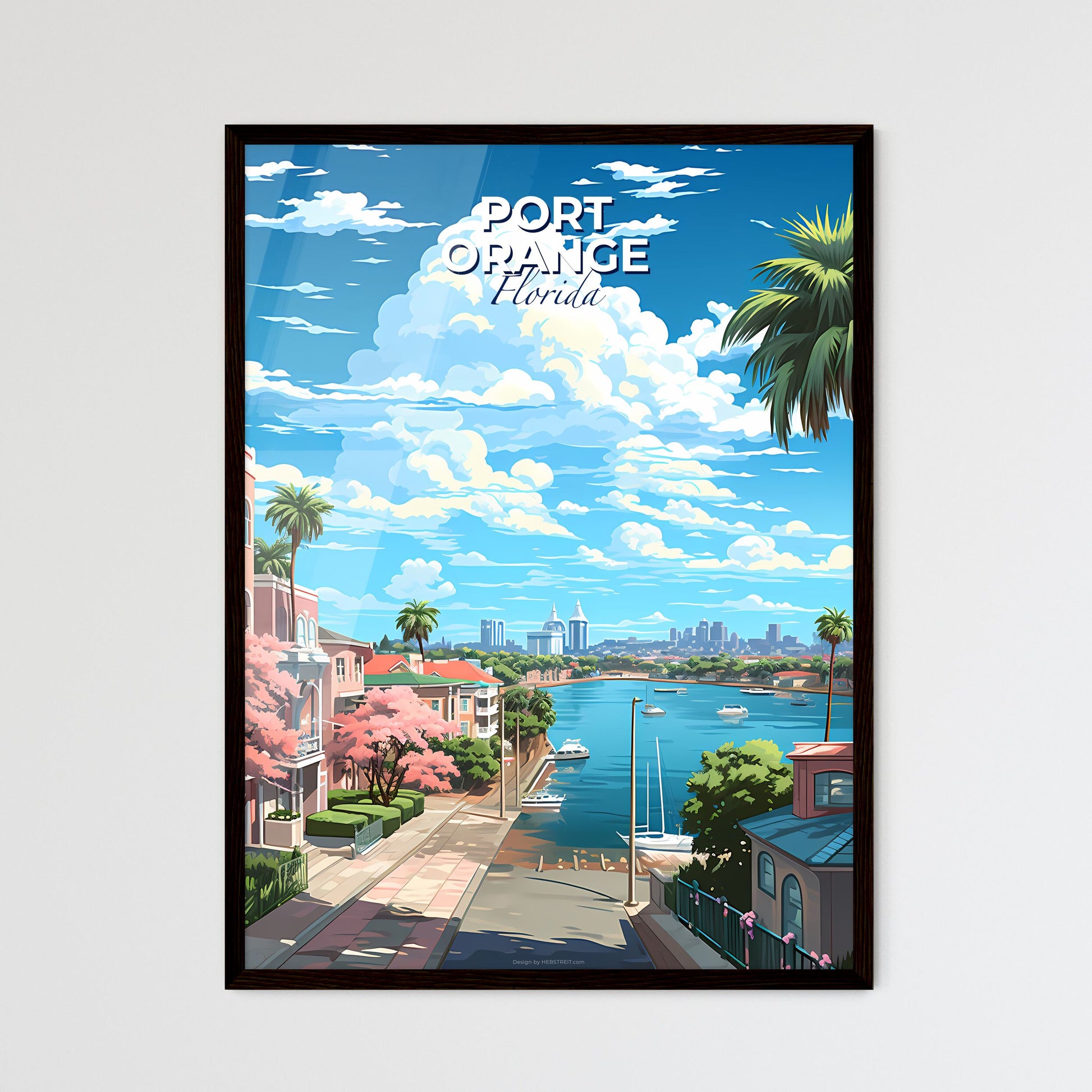 Port Orange, Florida, A Poster of a water way with trees and buildings and boats Default Title
