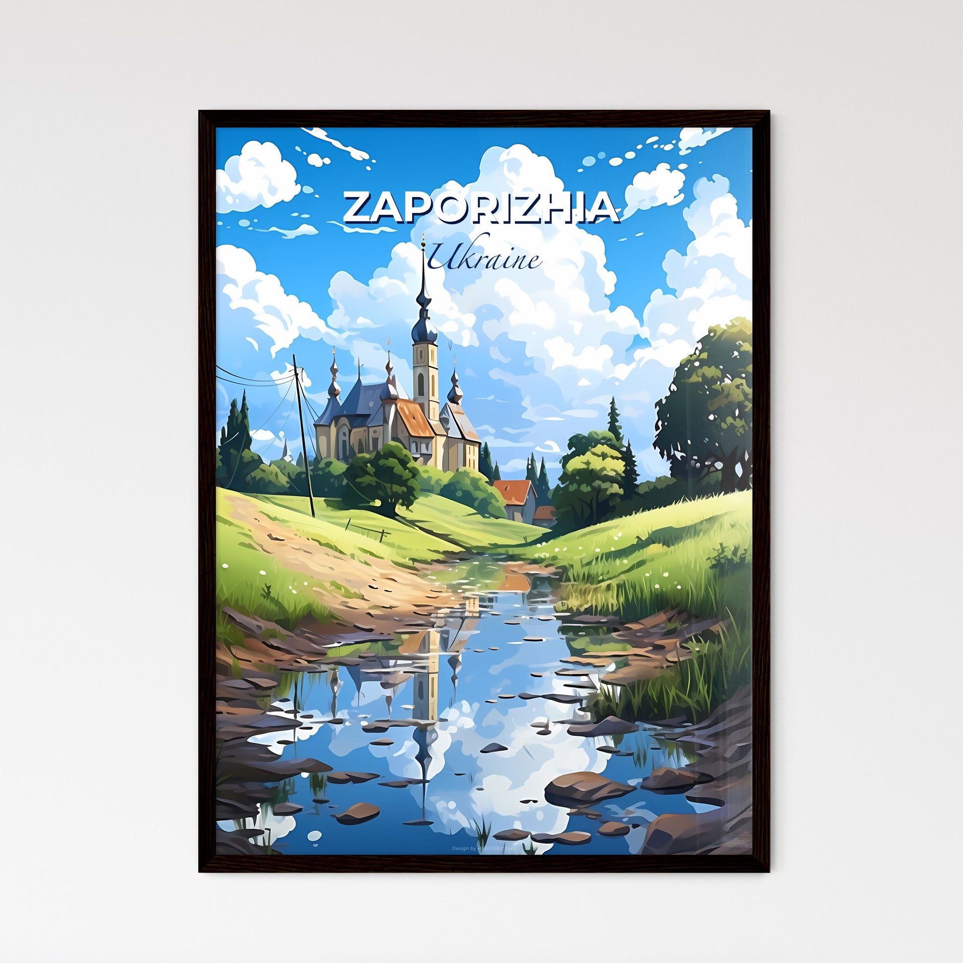 Zaporizhia, Ukraine, A Poster of a river running through a grassy area with a building in the background Default Title