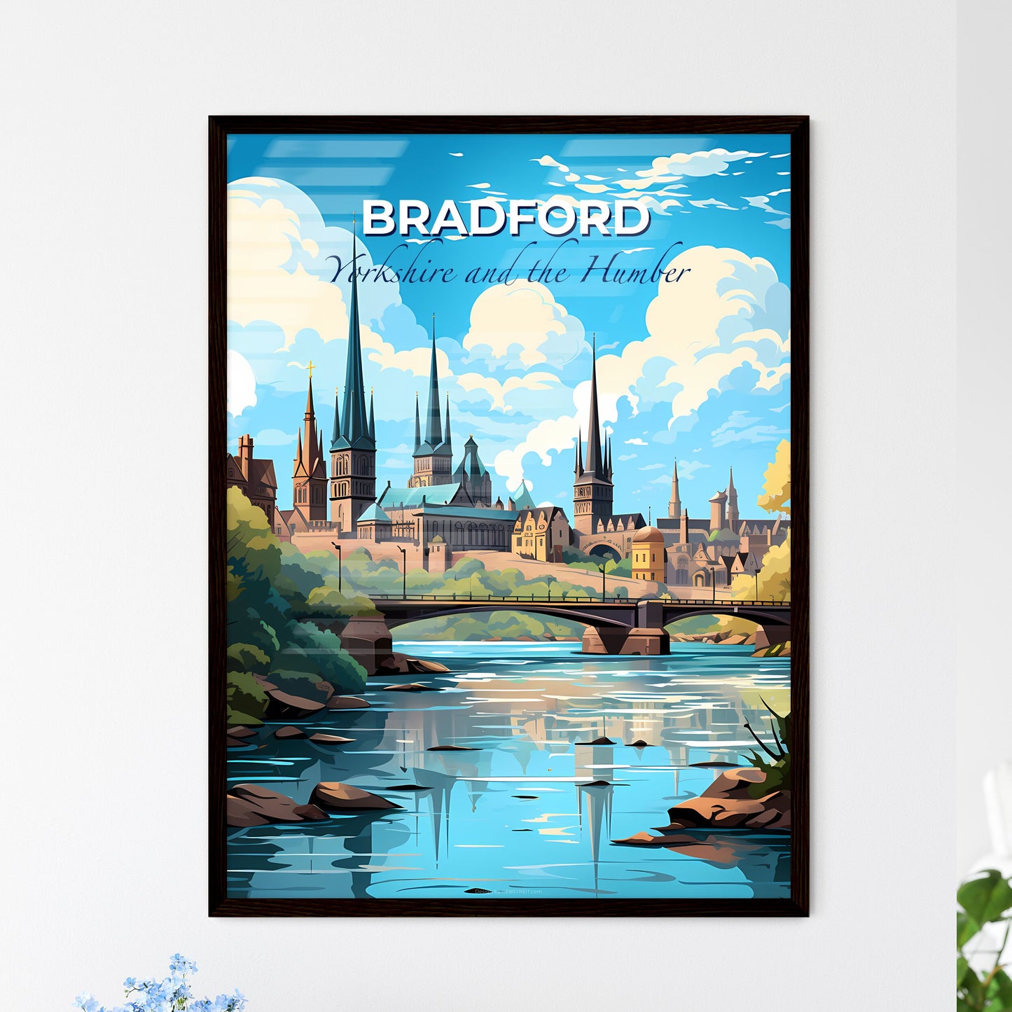 Bradford, Yorkshire and the Humber, A Poster of a bridge over a river with a castle and trees Default Title
