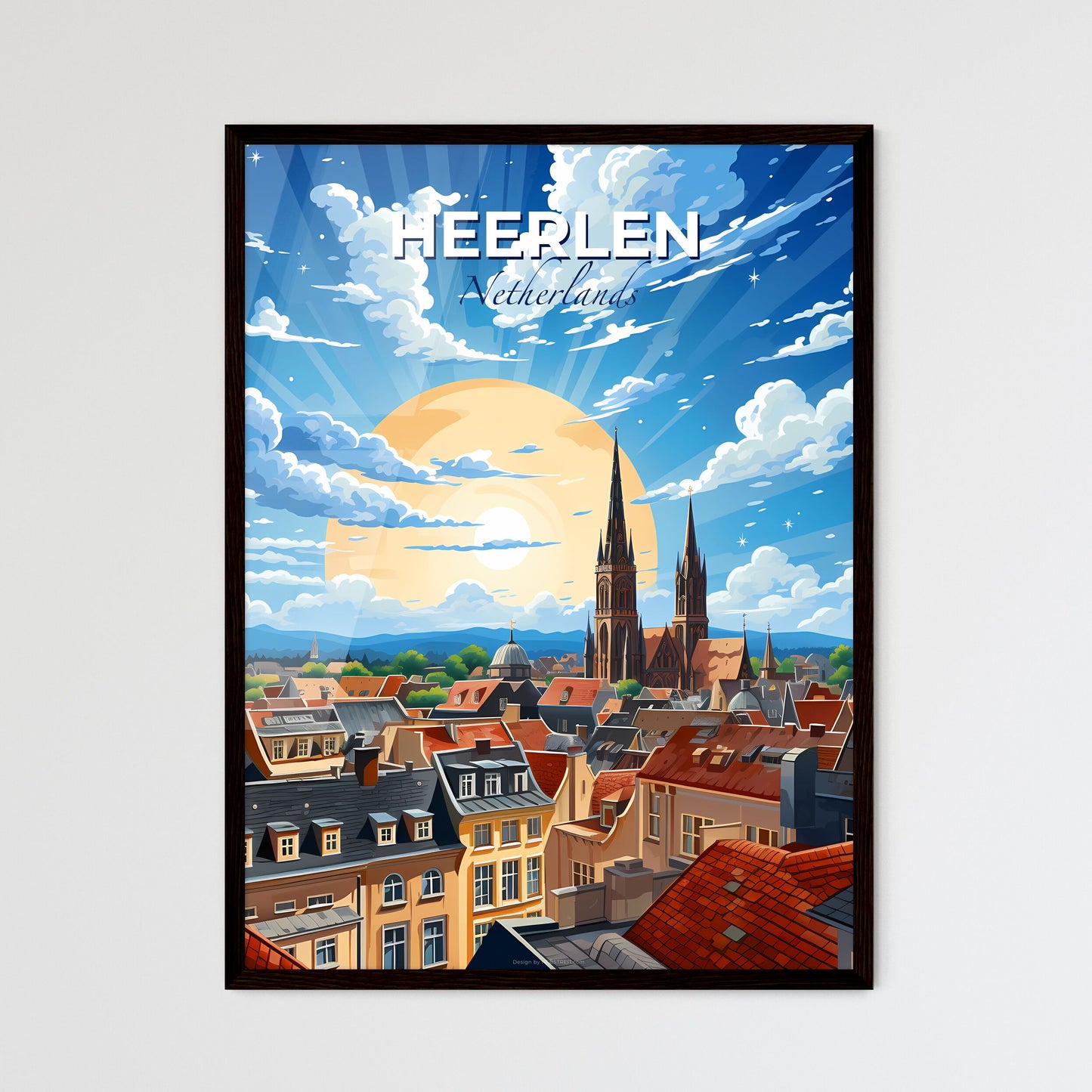 Heerlen, Netherlands, A Poster of a city with a large building and a large sun Default Title
