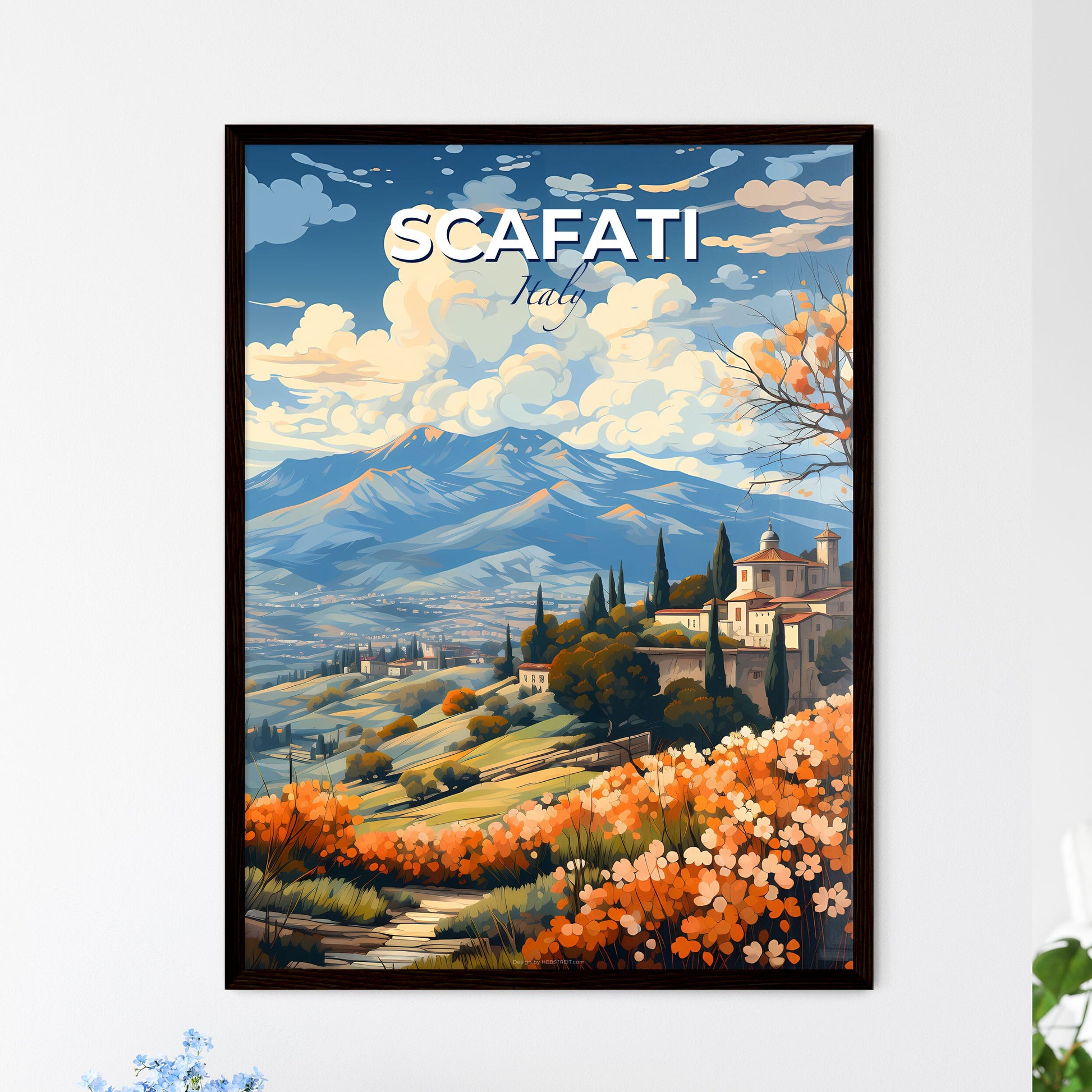 Scafati, Italy, A Poster of a landscape with a house and trees and mountains Default Title