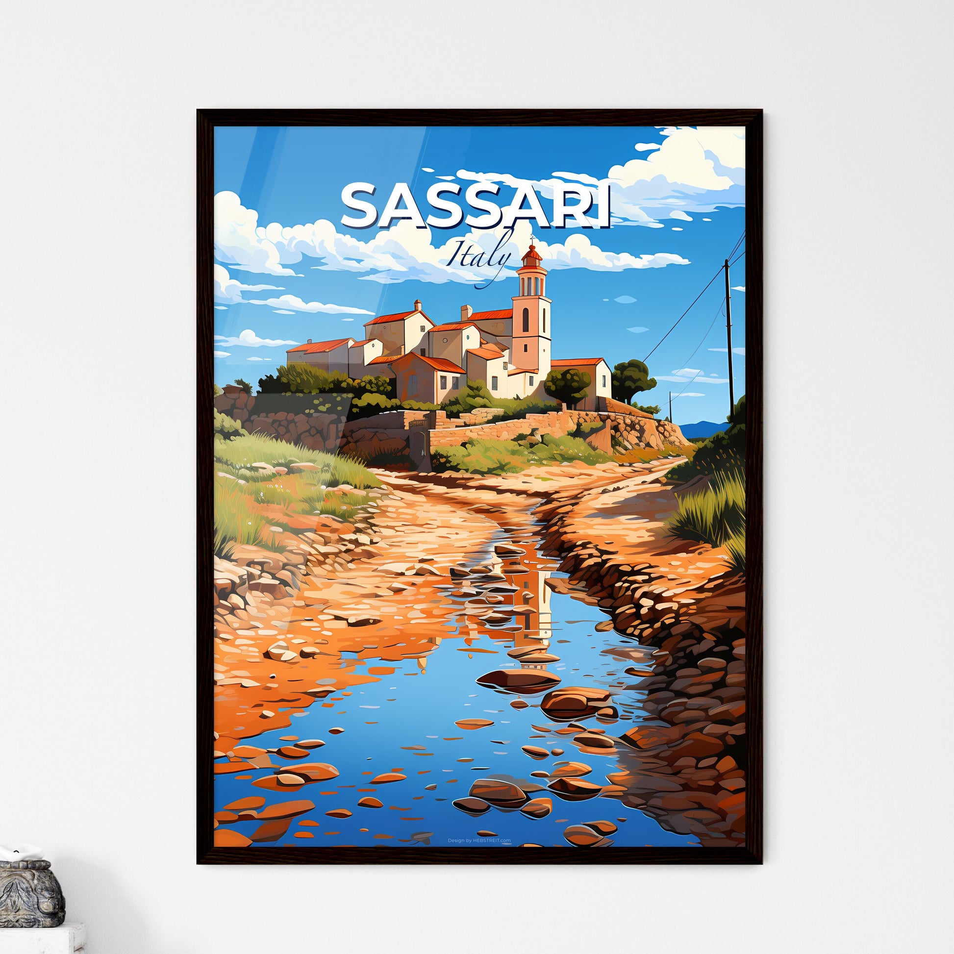 Sassari, Italy, A Poster of a house on a hill with a stream of water Default Title