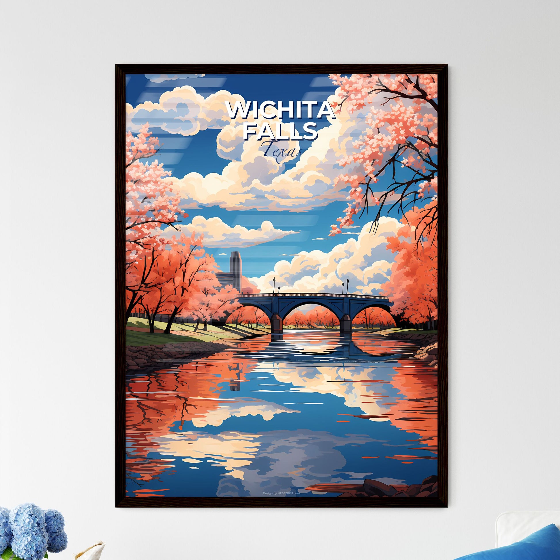 Wichita Falls, Texas, A Poster of a bridge over a river with pink trees Default Title