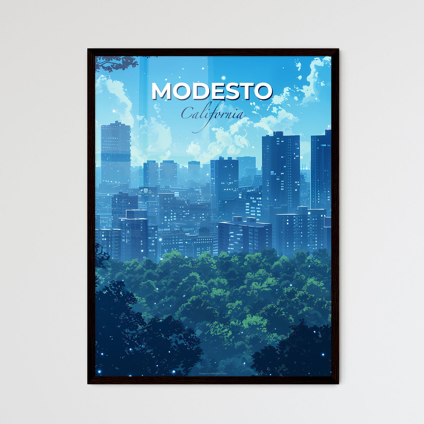 Modesto, California, A Poster of a city with trees in the background Default Title