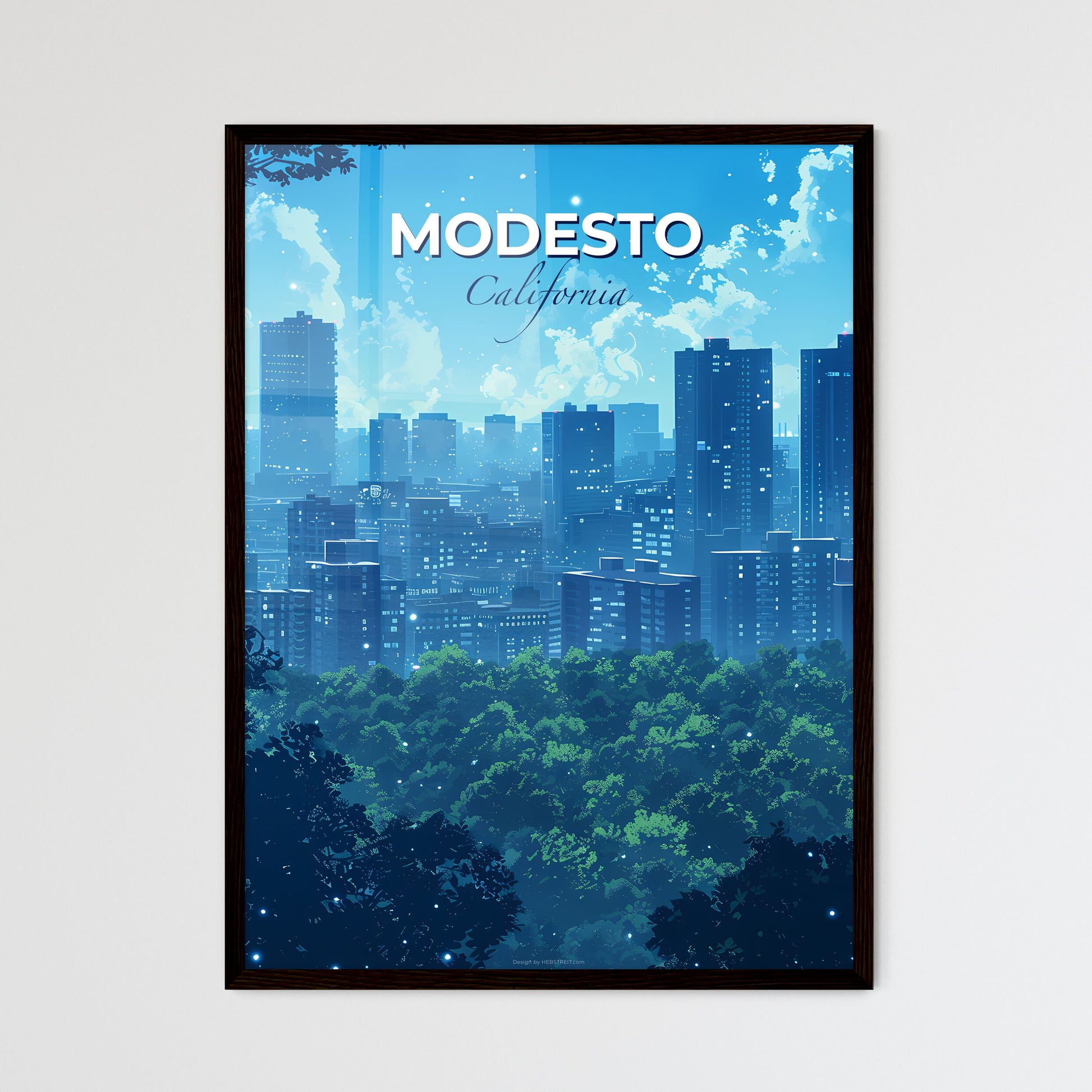 Modesto, California, A Poster of a city with trees in the background Default Title