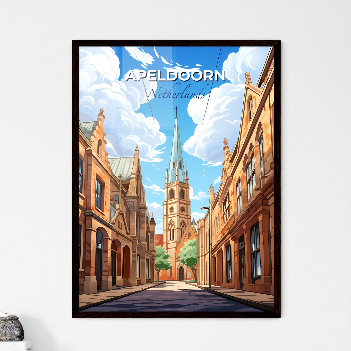 Apeldoorn, Netherlands, A Poster of a street with a church tower Default Title