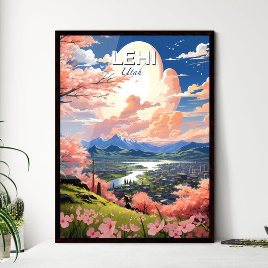 Lehi, Utah, A Poster of a landscape of a city with pink flowers and mountains Default Title