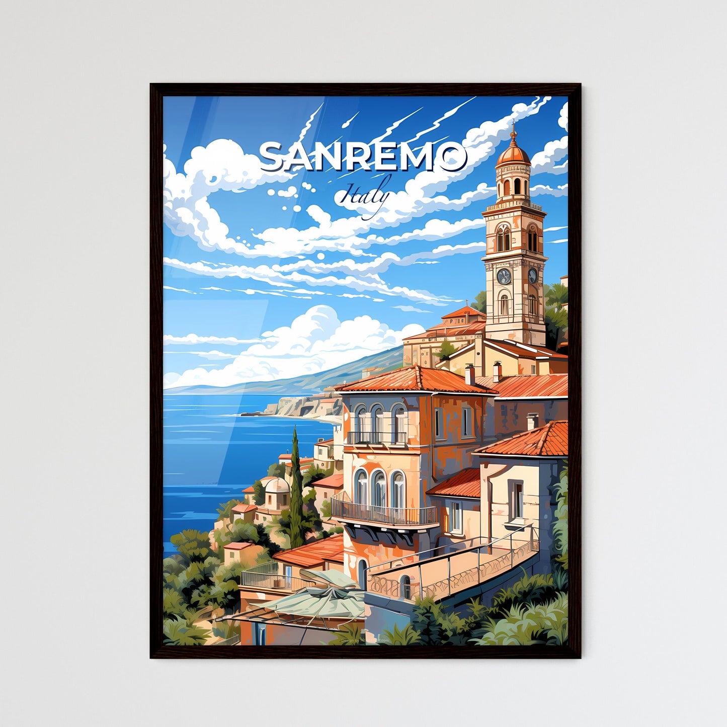 Sanremo, Italy, A Poster of a building with a clock tower on a hill by the water Default Title