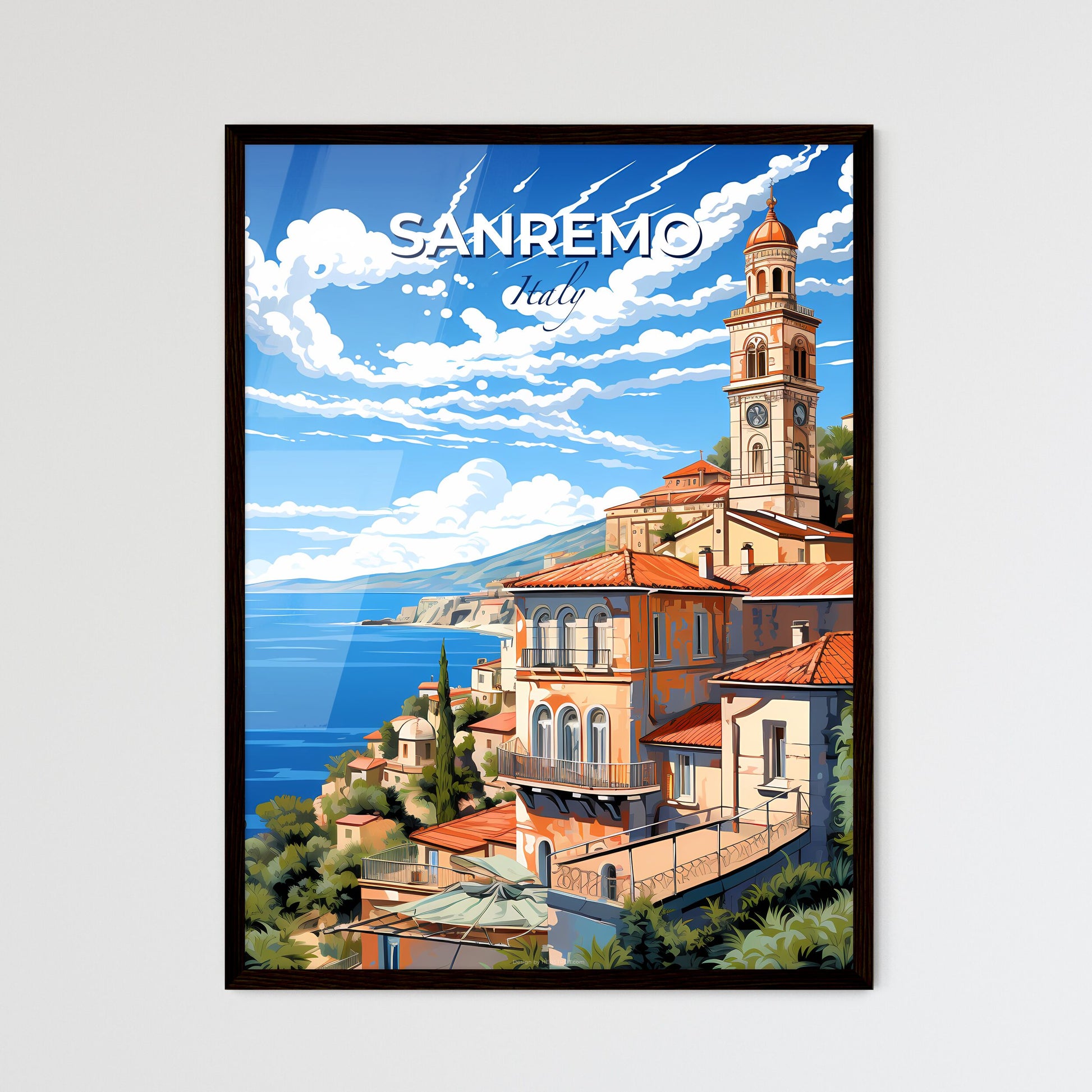 Sanremo, Italy, A Poster of a building with a clock tower on a hill by the water Default Title