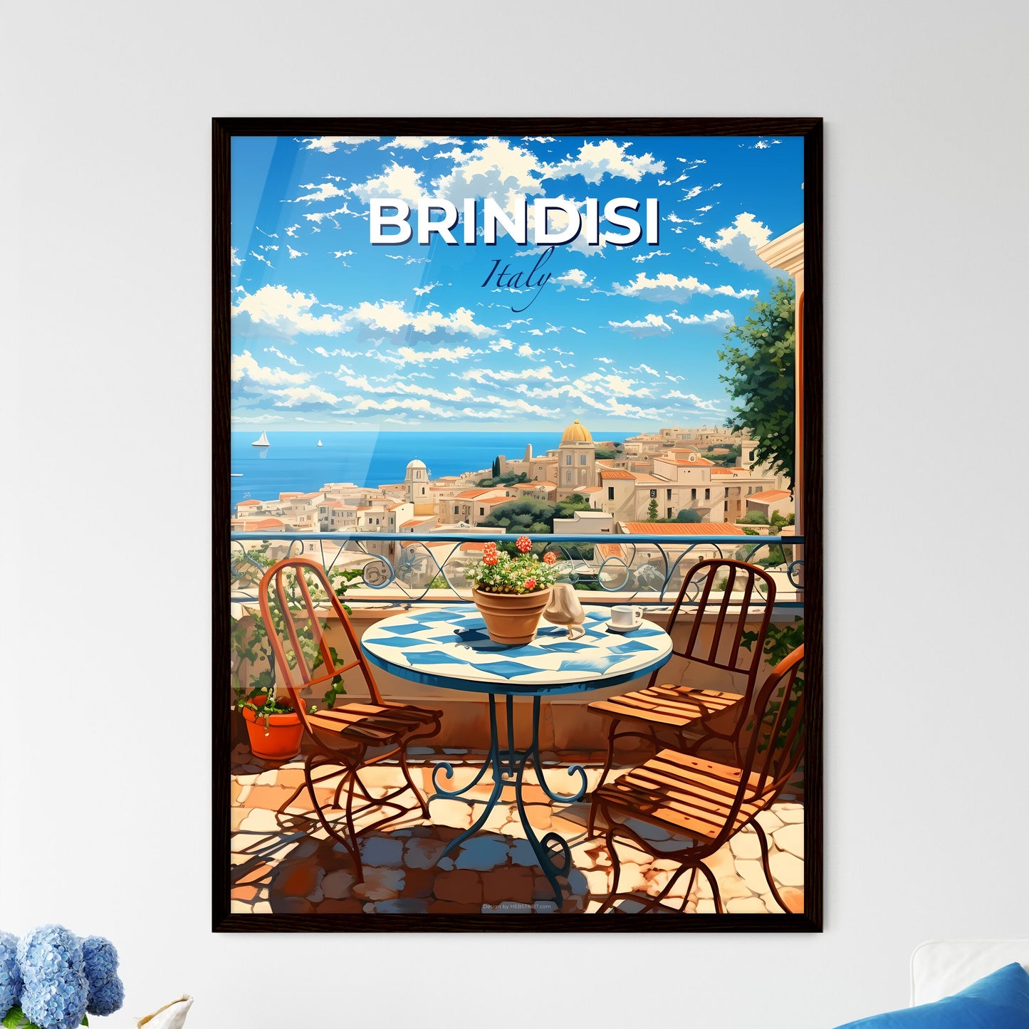 Brindisi, Italy, A Poster of a table and chairs on a balcony overlooking a city Default Title