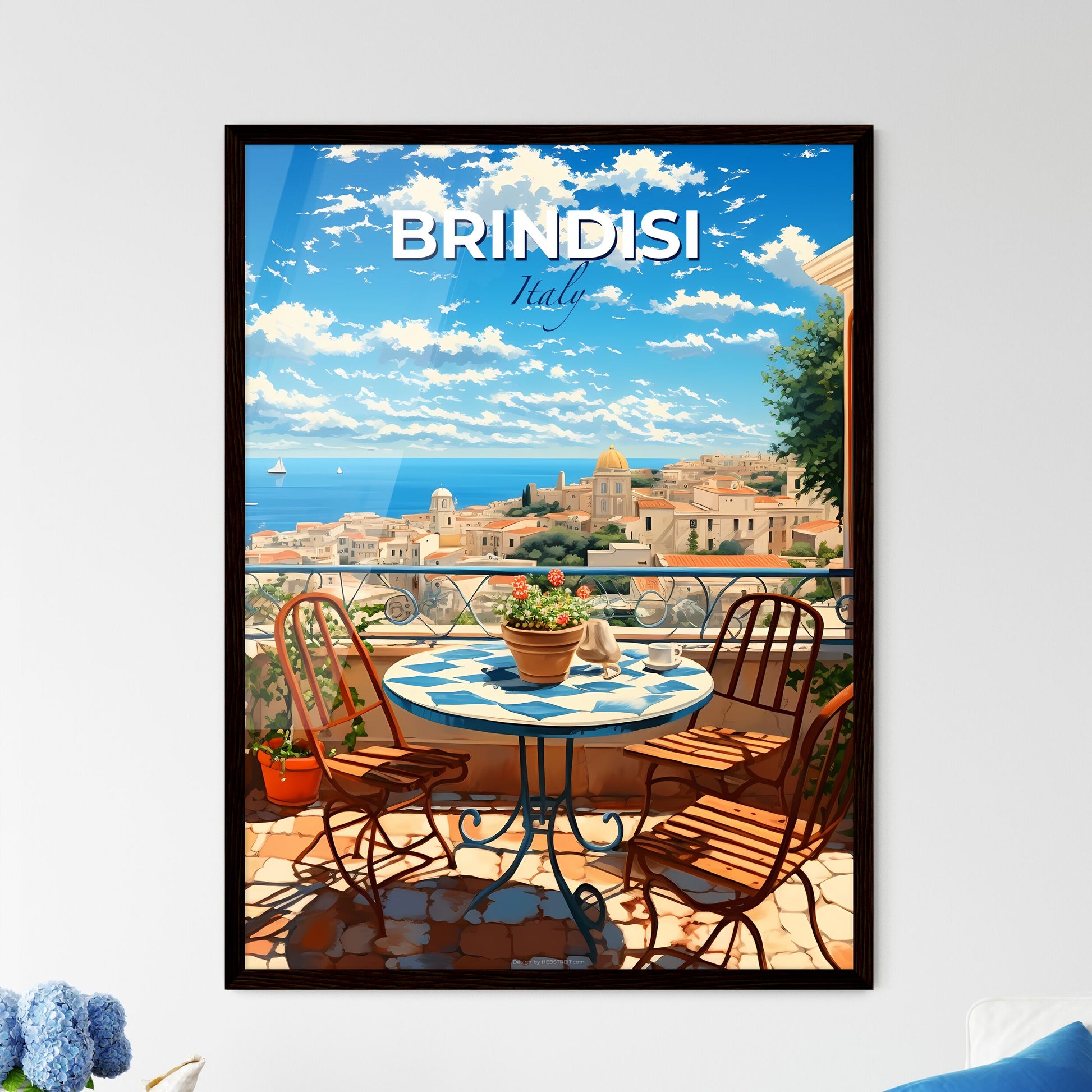 Brindisi, Italy, A Poster of a table and chairs on a balcony overlooking a city Default Title