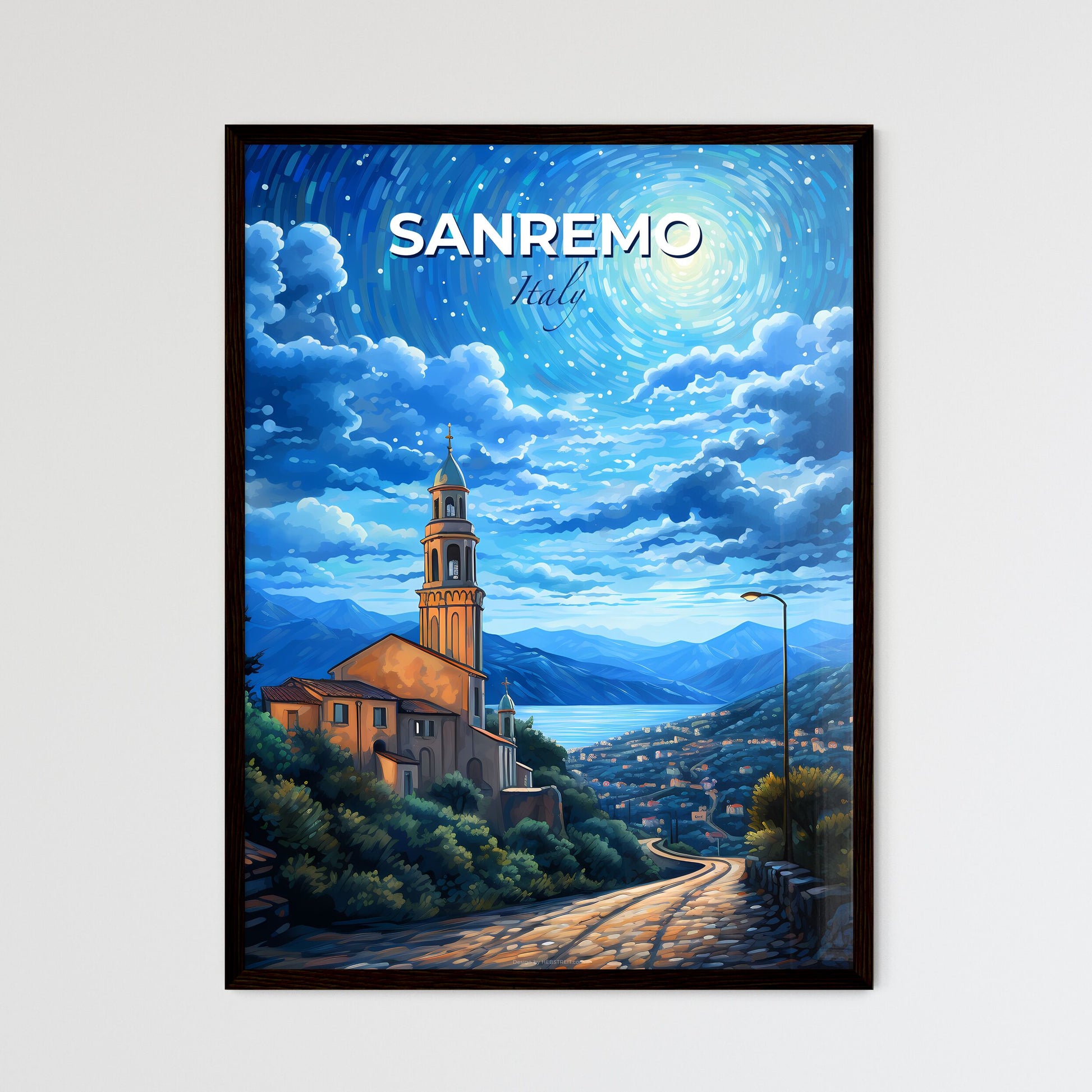 Sanremo, Italy, A Poster of a building on a hill with a tower and a road and a city in the background Default Title