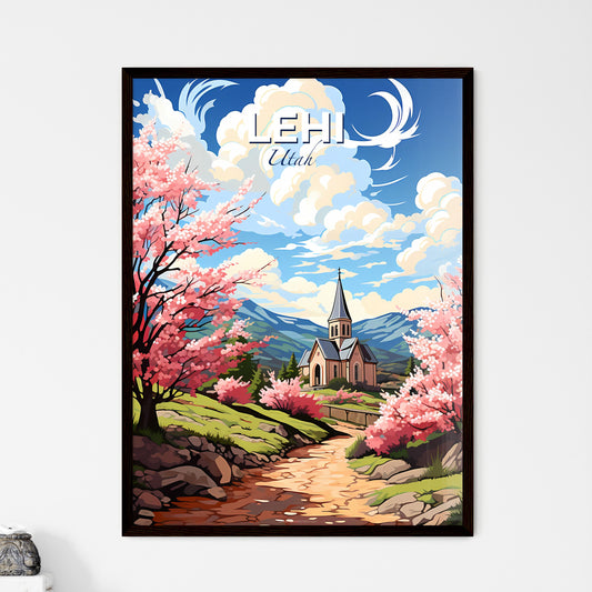 Lehi, Utah, A Poster of a painting of a church and a road with pink flowers Default Title