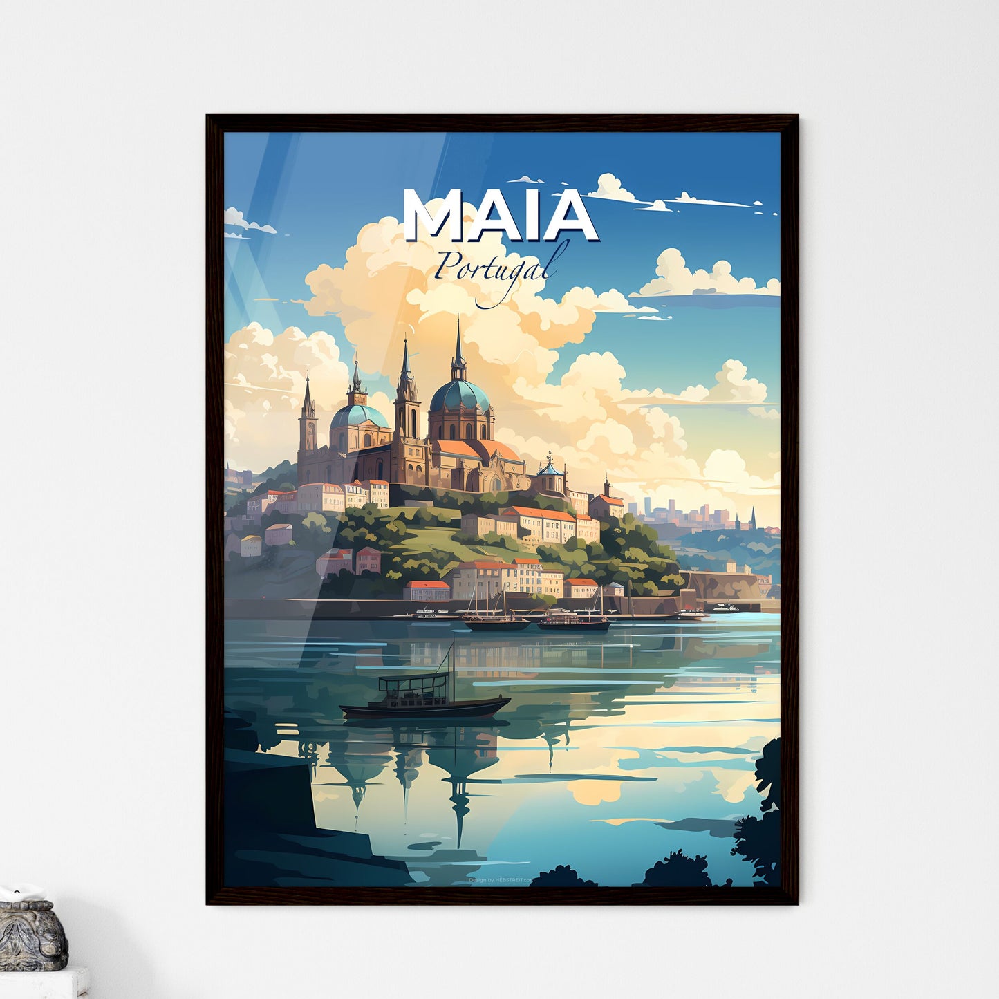 Maia, Portugal, A Poster of a castle on a hill with a boat on the water Default Title