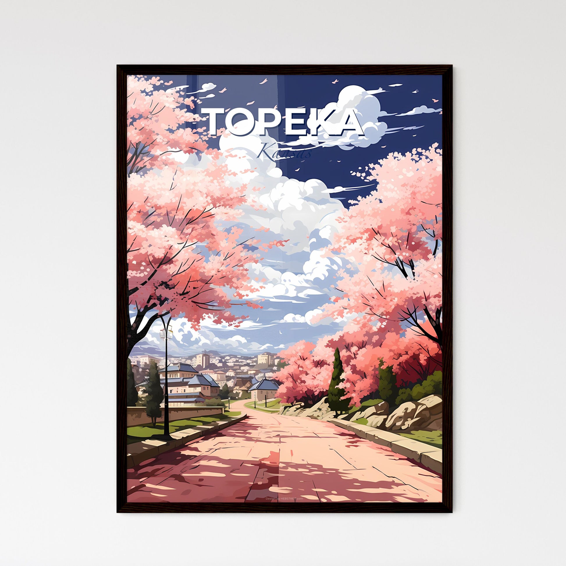 Topeka, Kansas, A Poster of a road with pink trees and buildings Default Title