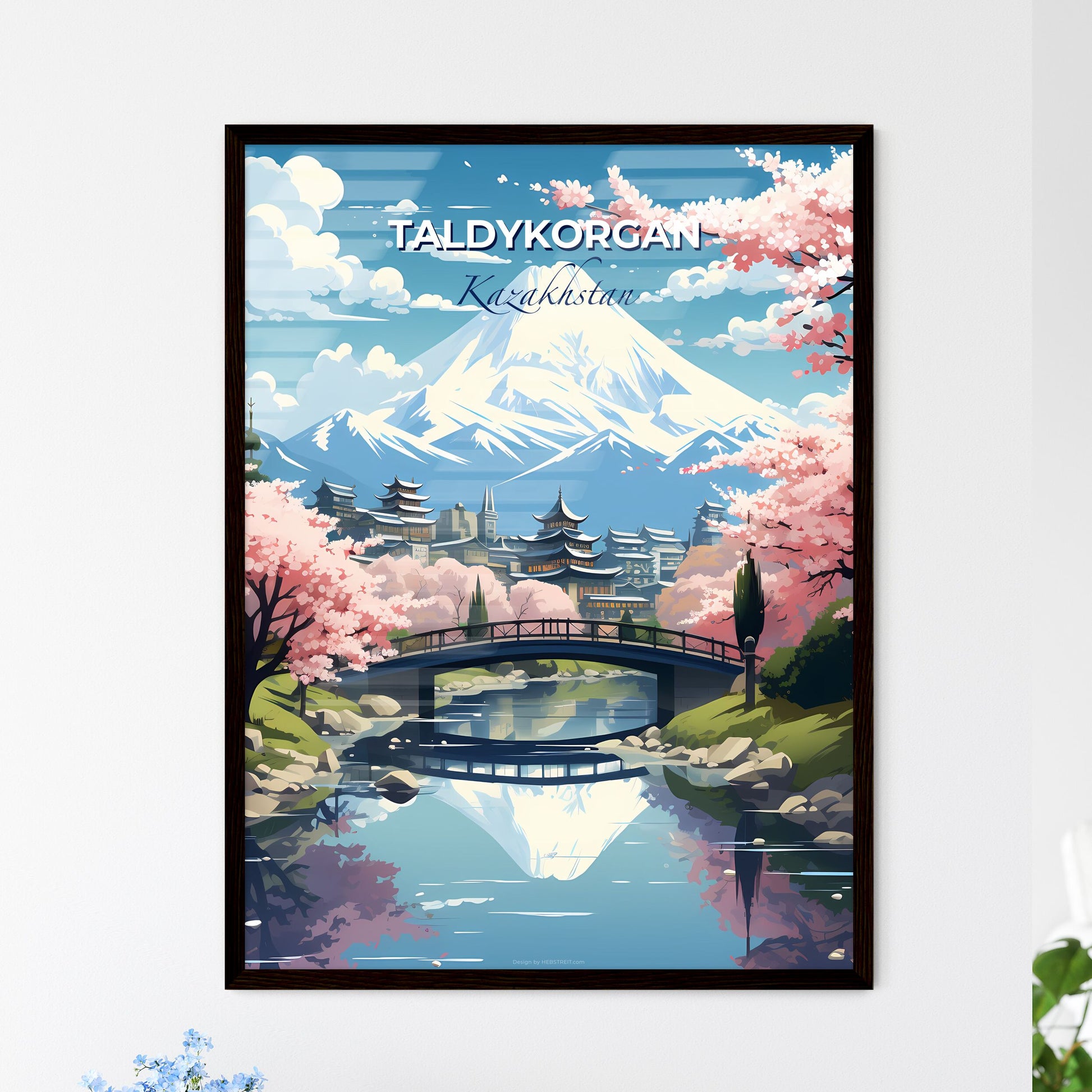 Taldykorgan, Kazakhstan, A Poster of a bridge over a river with a mountain in the background Default Title