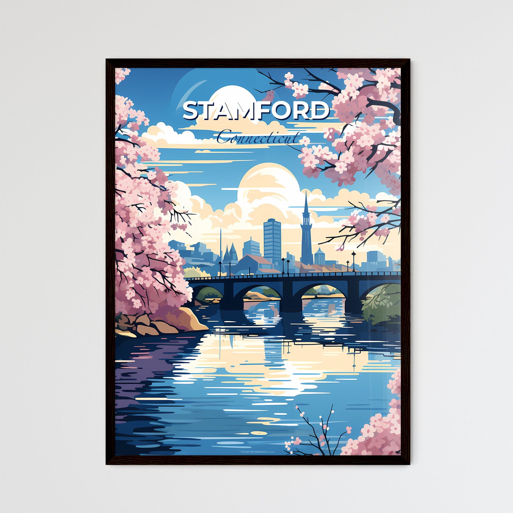 Stamford, Connecticut, A Poster of a bridge over a river with pink flowers Default Title