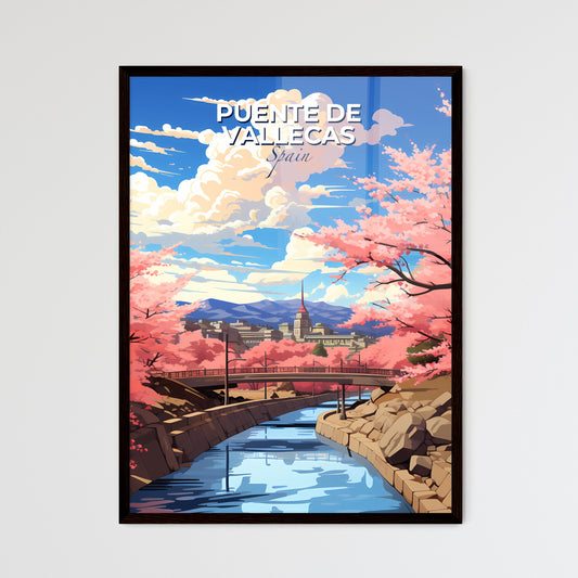 Puente De Vallecas, Spain, A Poster of a river with pink trees and a bridge Default Title