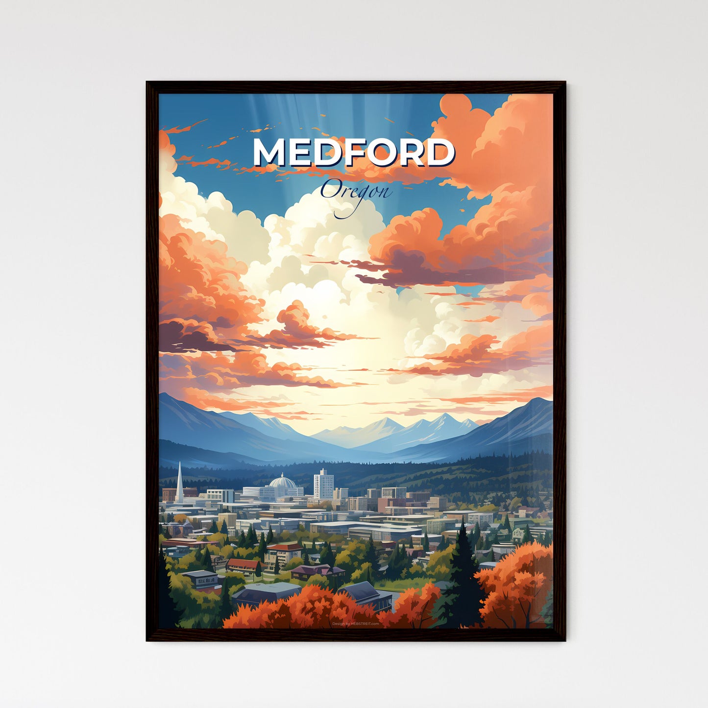 Medford, Oregon, A Poster of a landscape of a city with mountains and trees Default Title